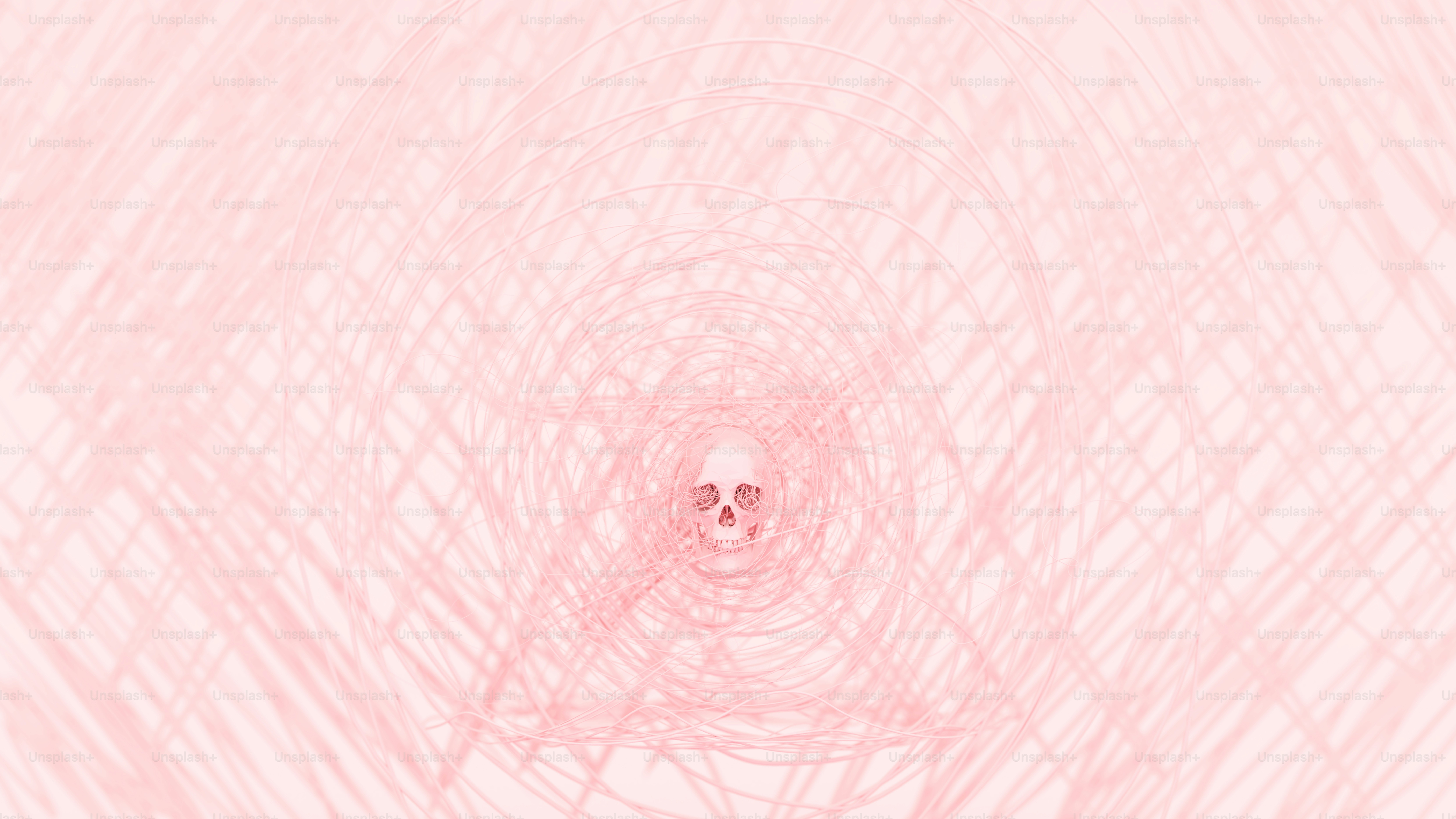 Crâne rose centré dans un tunnel vortex tourbillonnant abstrait