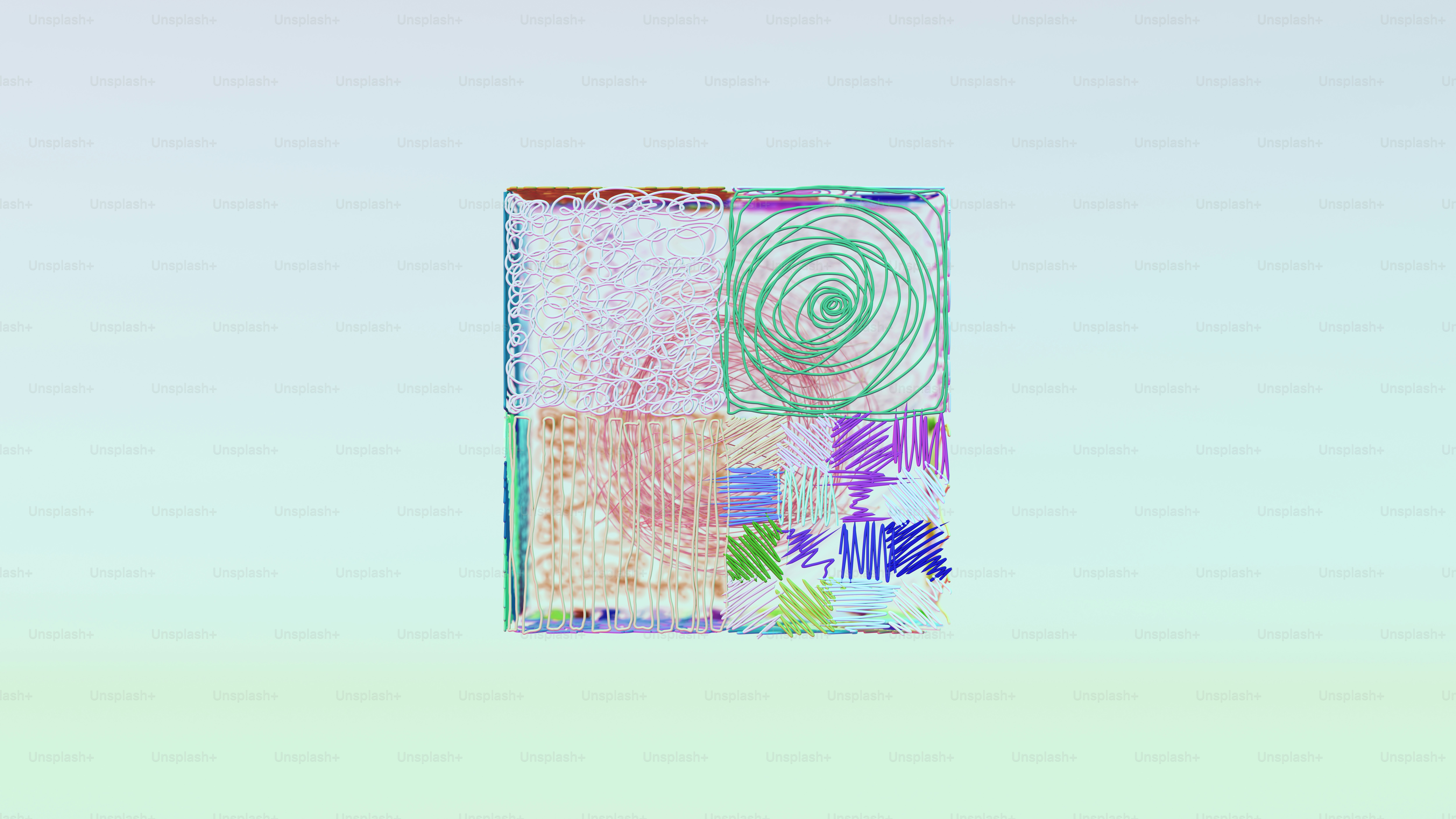 Cube abstrait coloré avec des motifs géométriques griffonnés