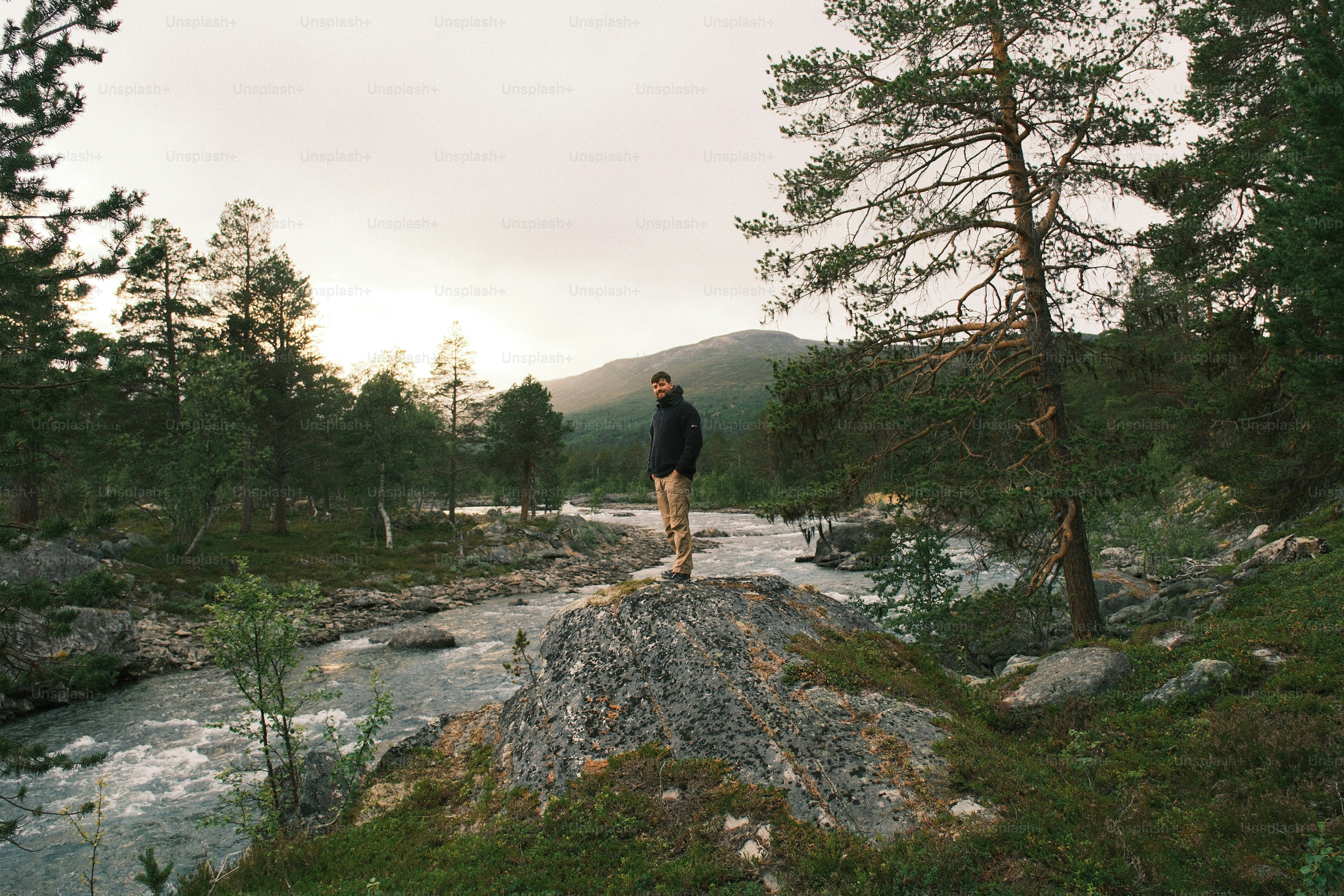 Man on rock overlooking river in mountain forest