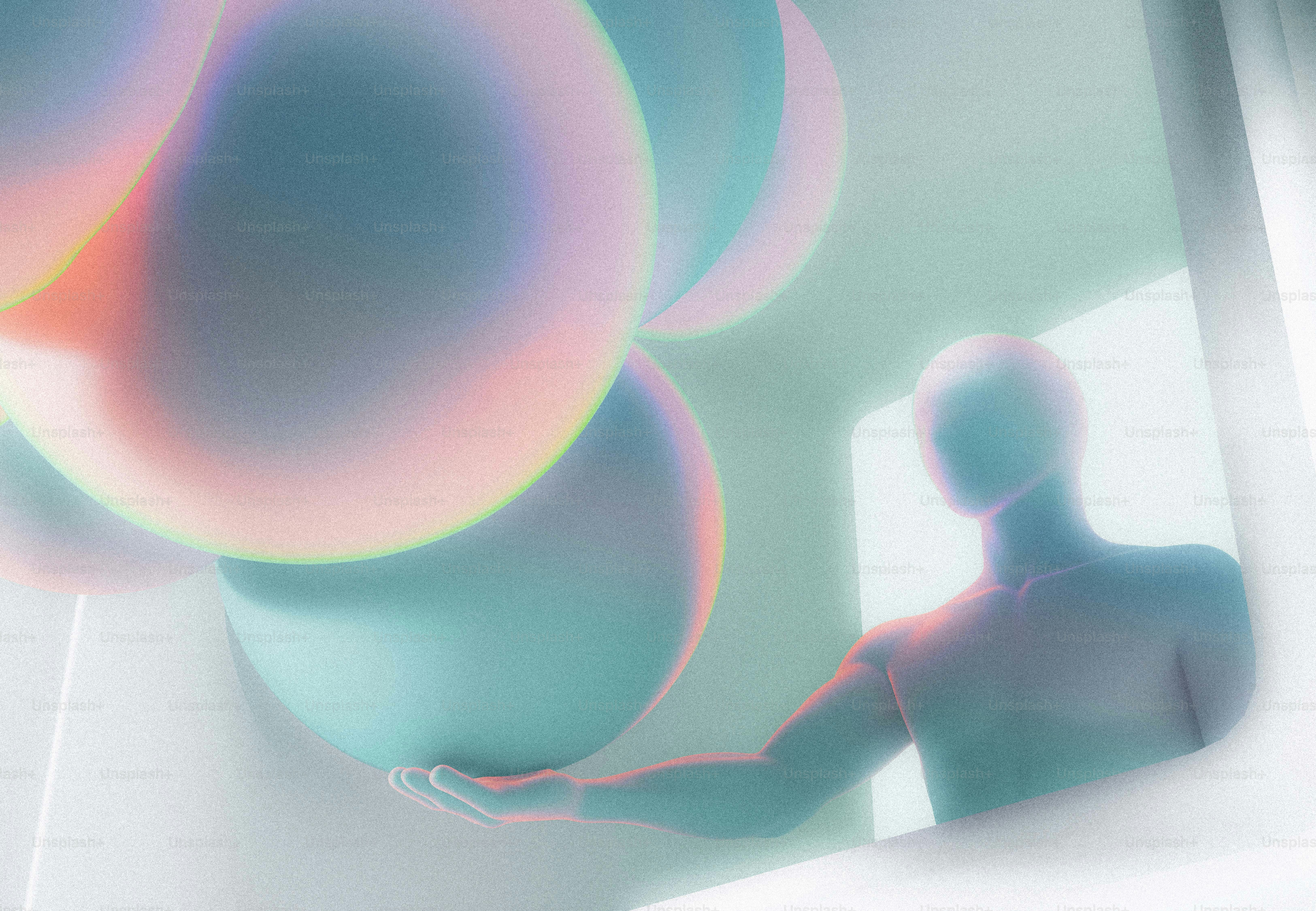 Translucent figure holding iridescent spheres
