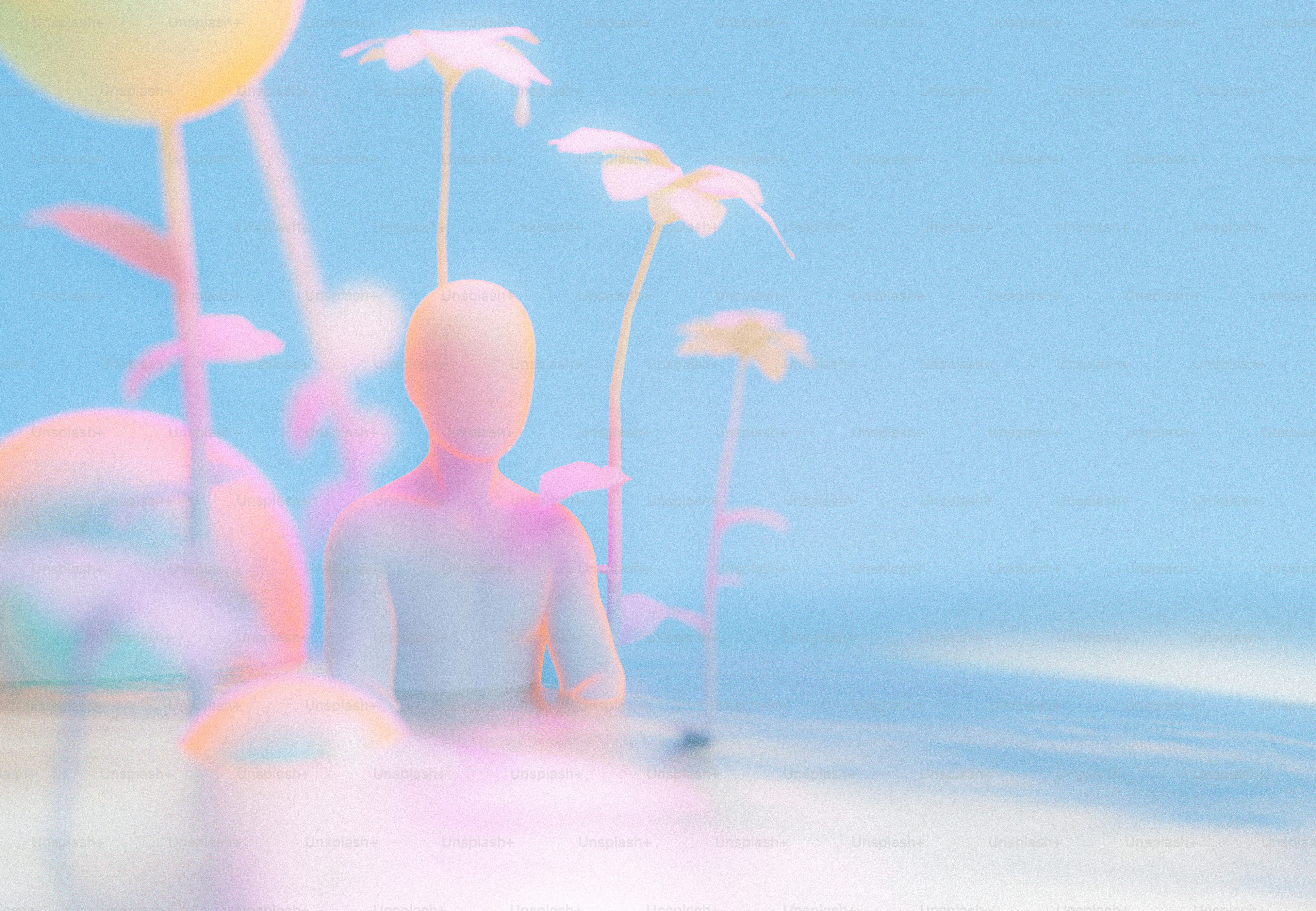 Soft pastel scene with blurry figure and tall flowers