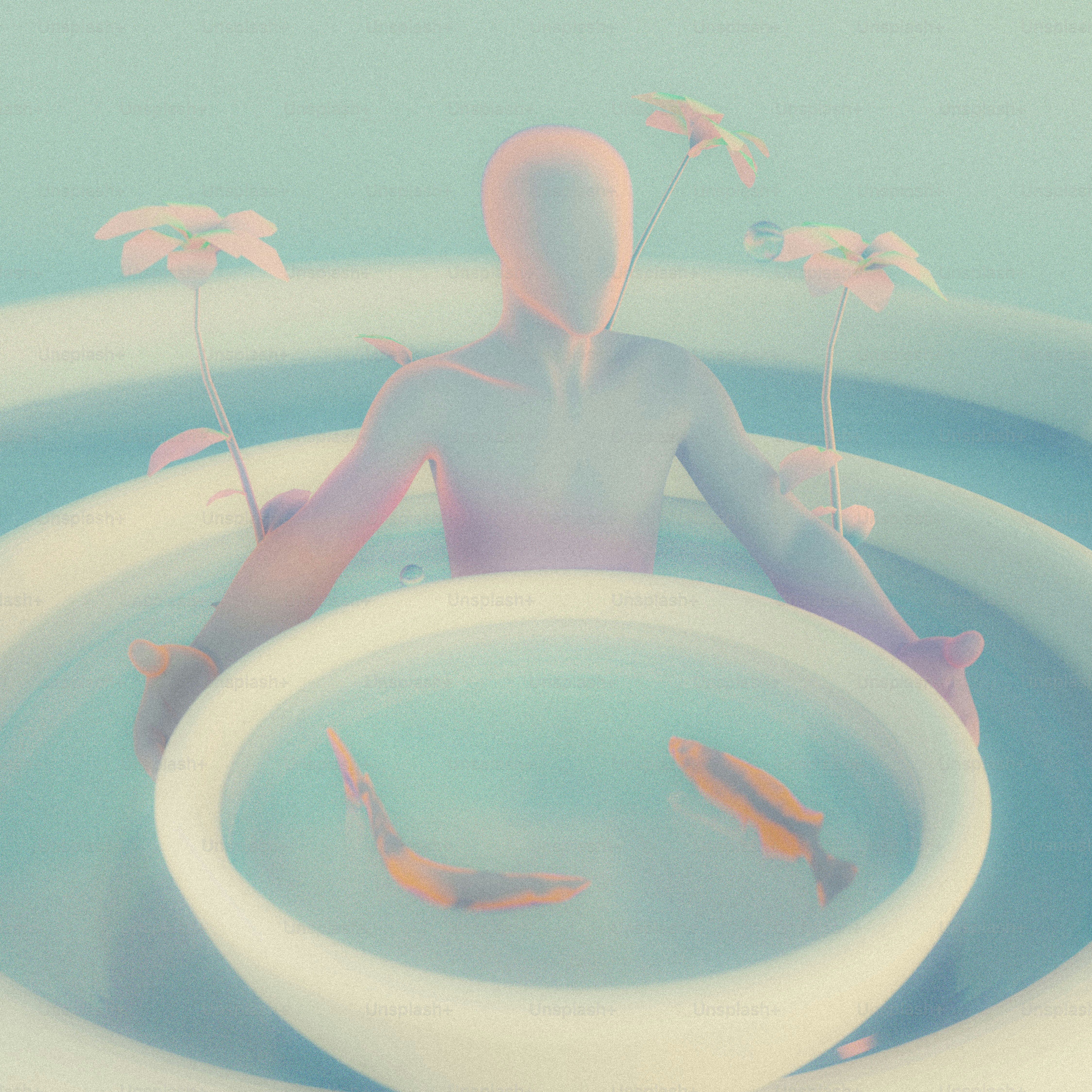 Faceless figure in water holding fish bowl, pink flowers