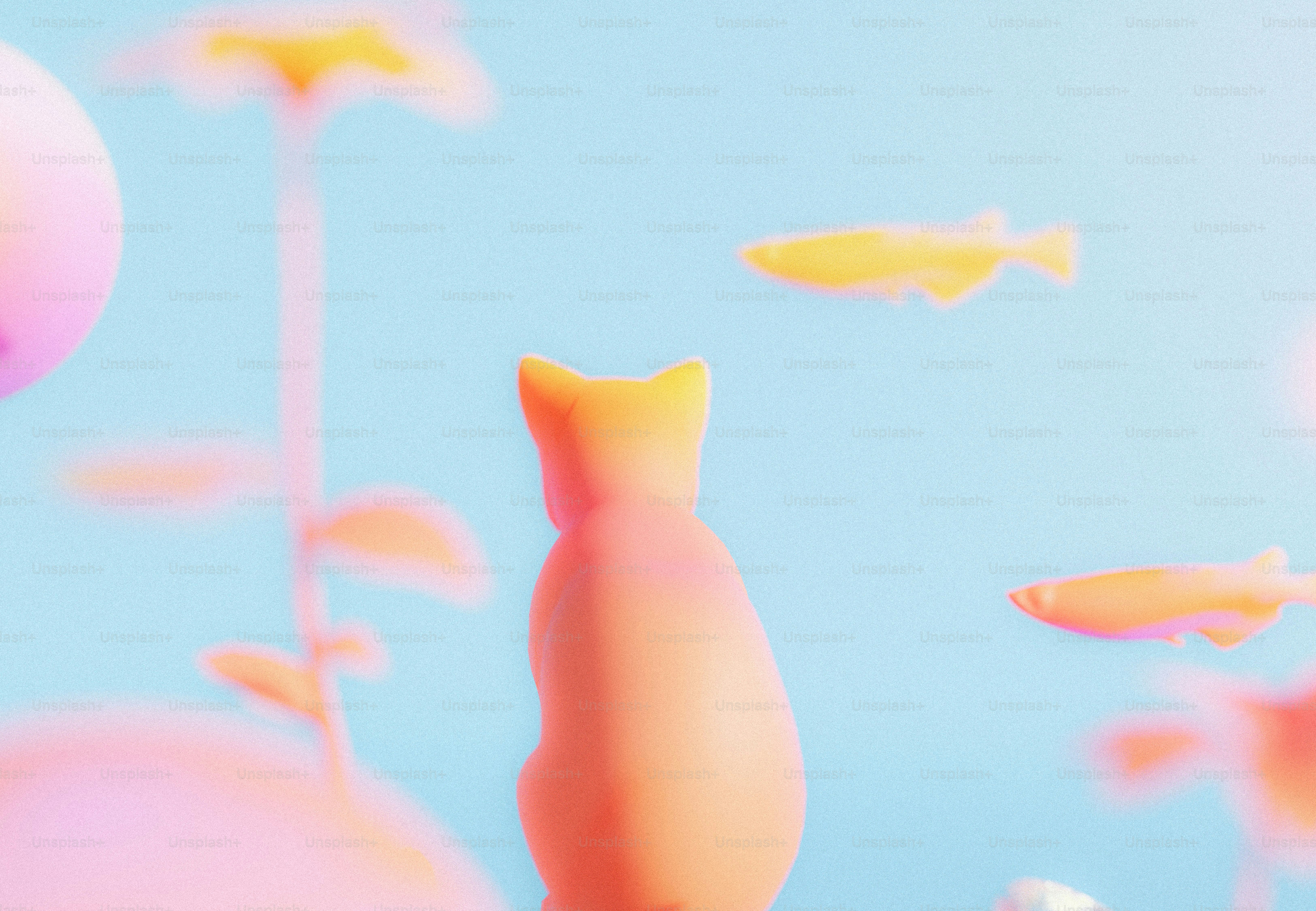 Blurry cat-like figure watching fish in a pastel dreamscape