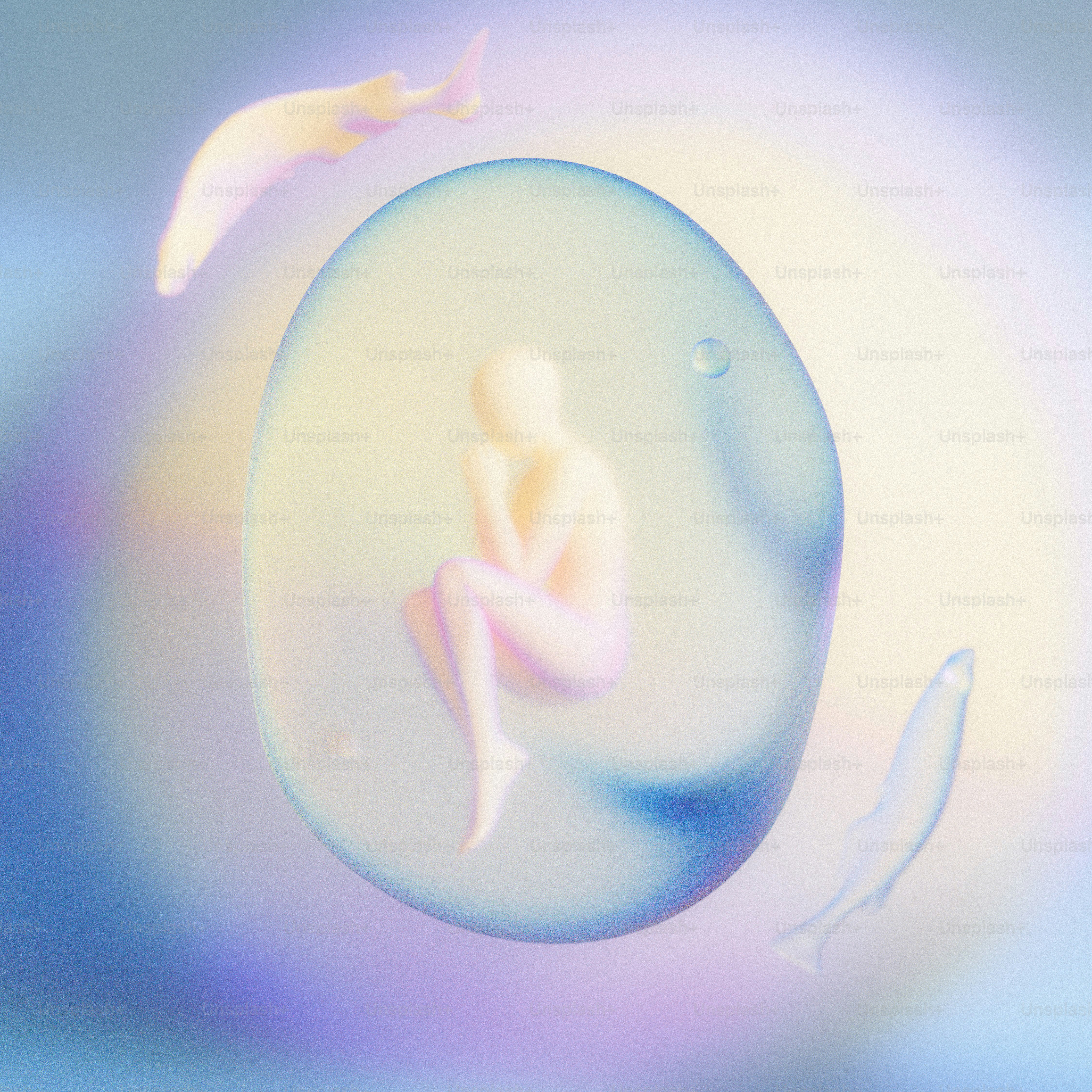 Abstract figure curled in translucent blue orb