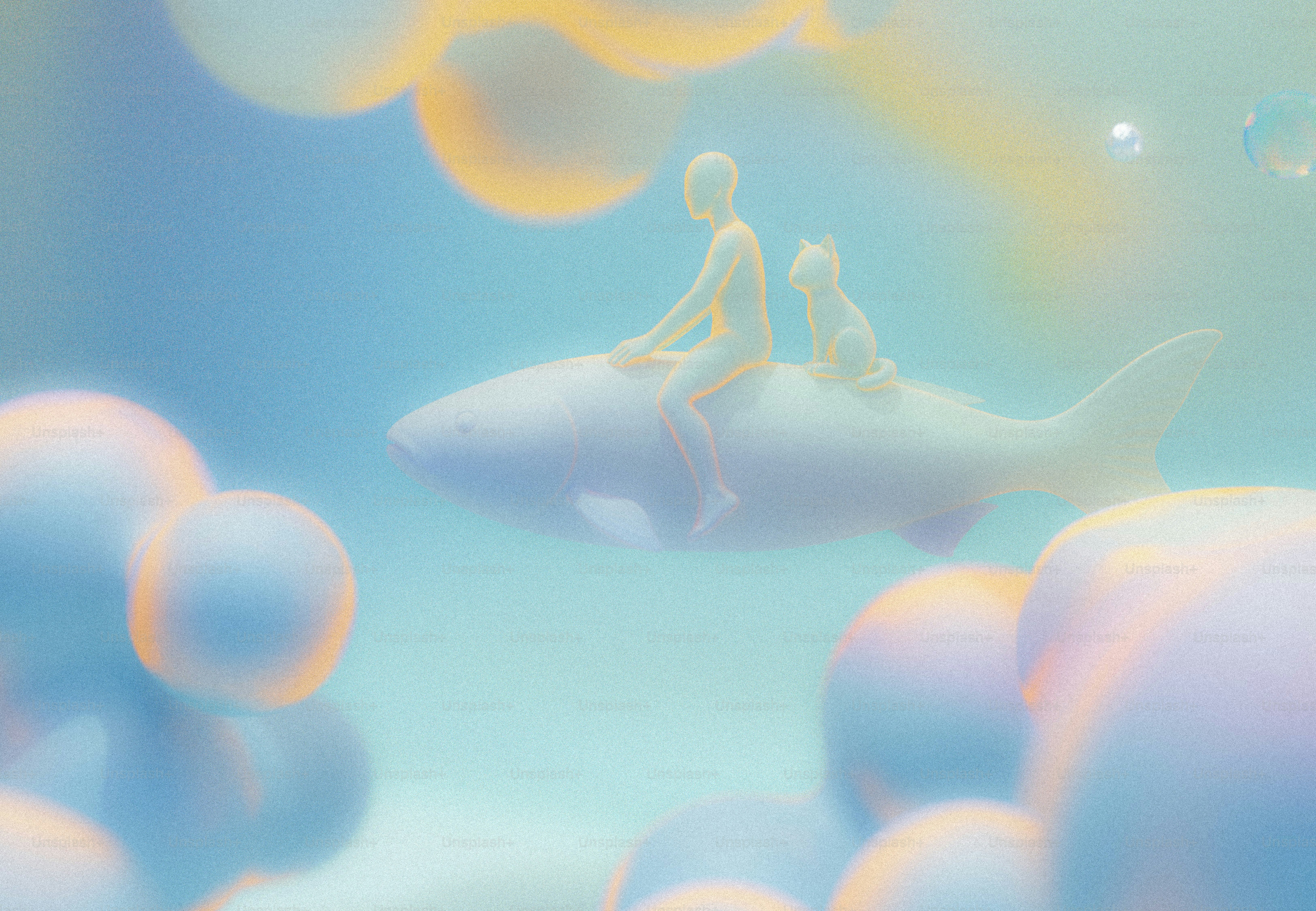 Person and cat riding shark through pastel spheres