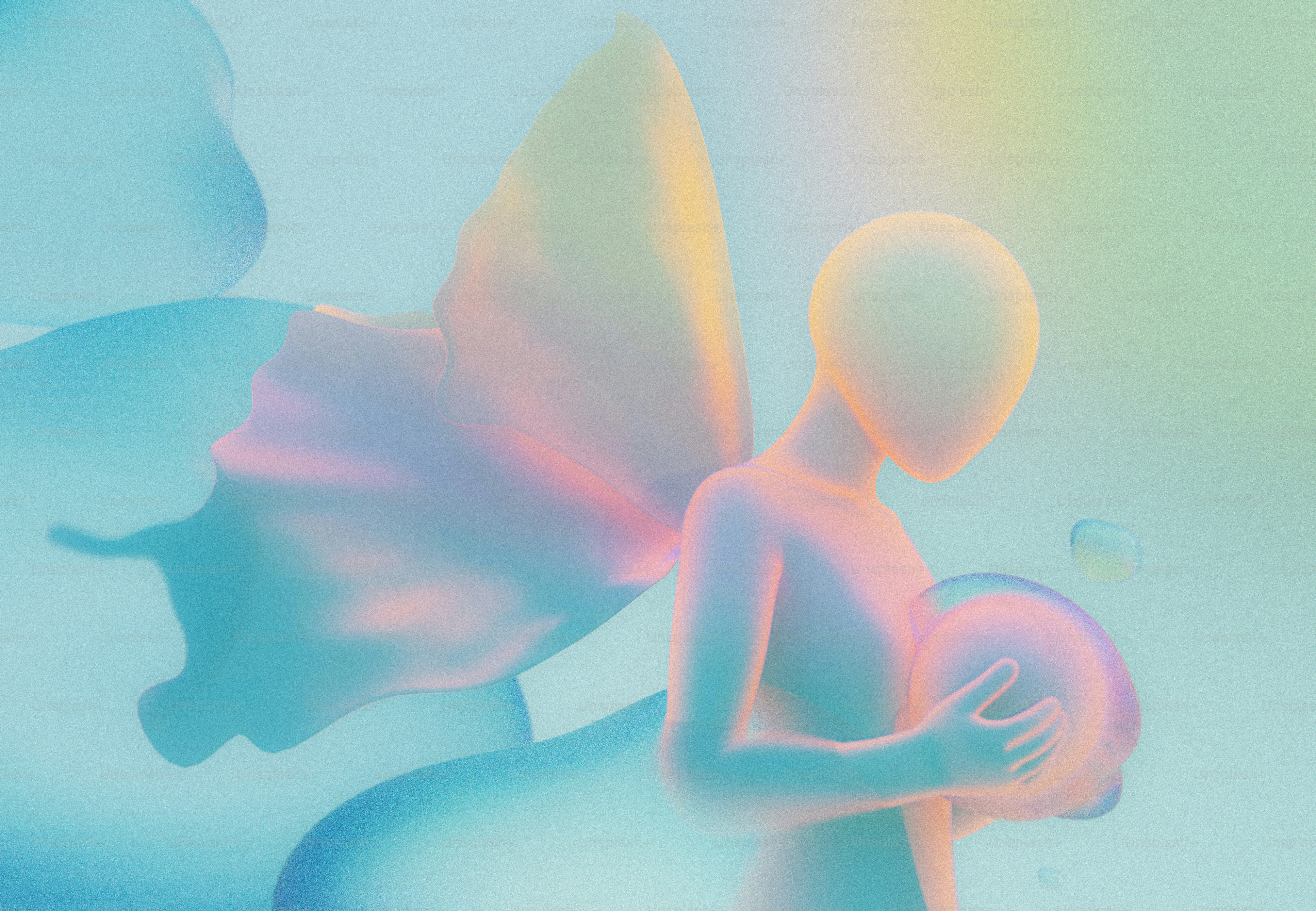 Ethereal winged figure holding glowing iridescent orb