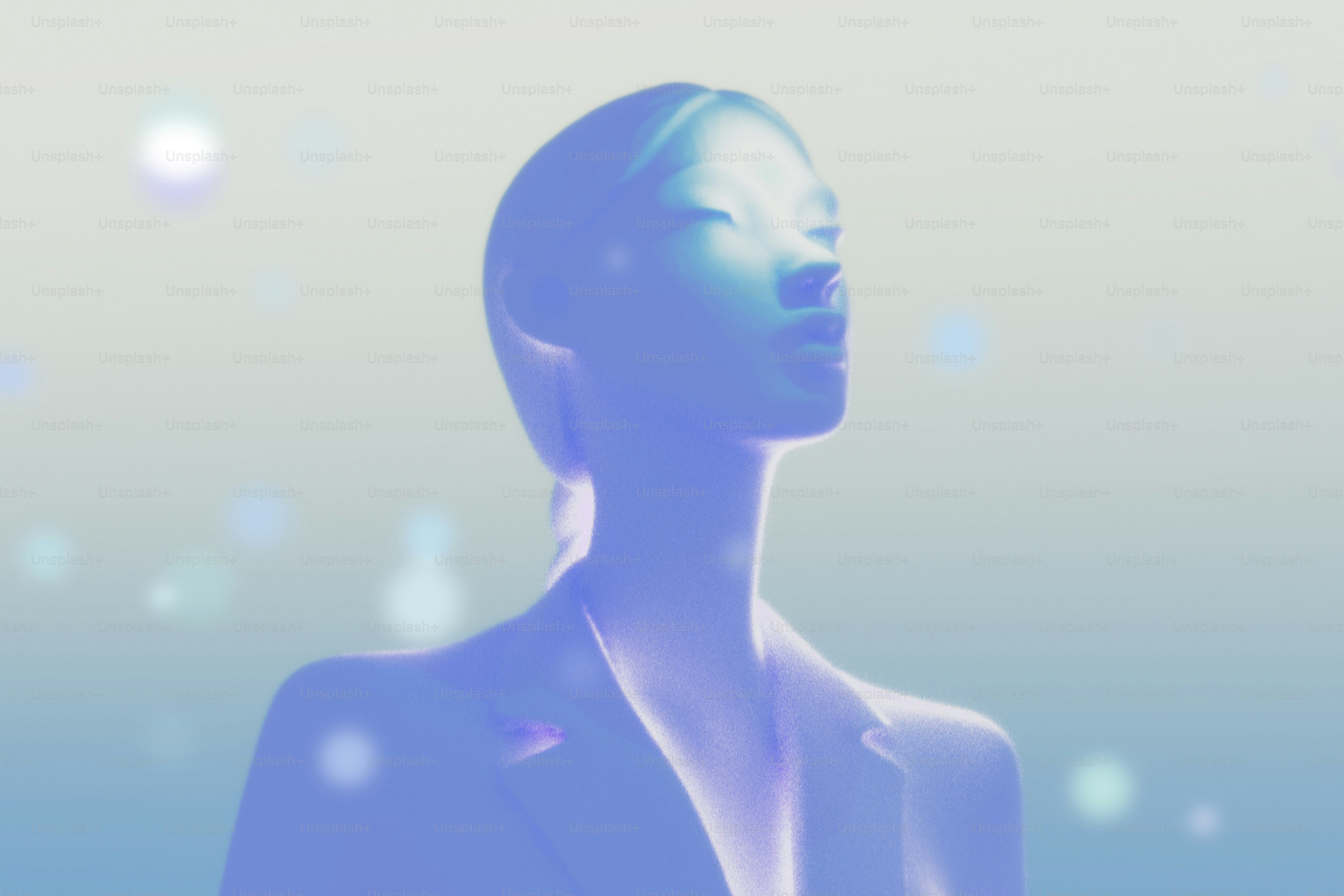 Translucent figure looking up with soft blue light