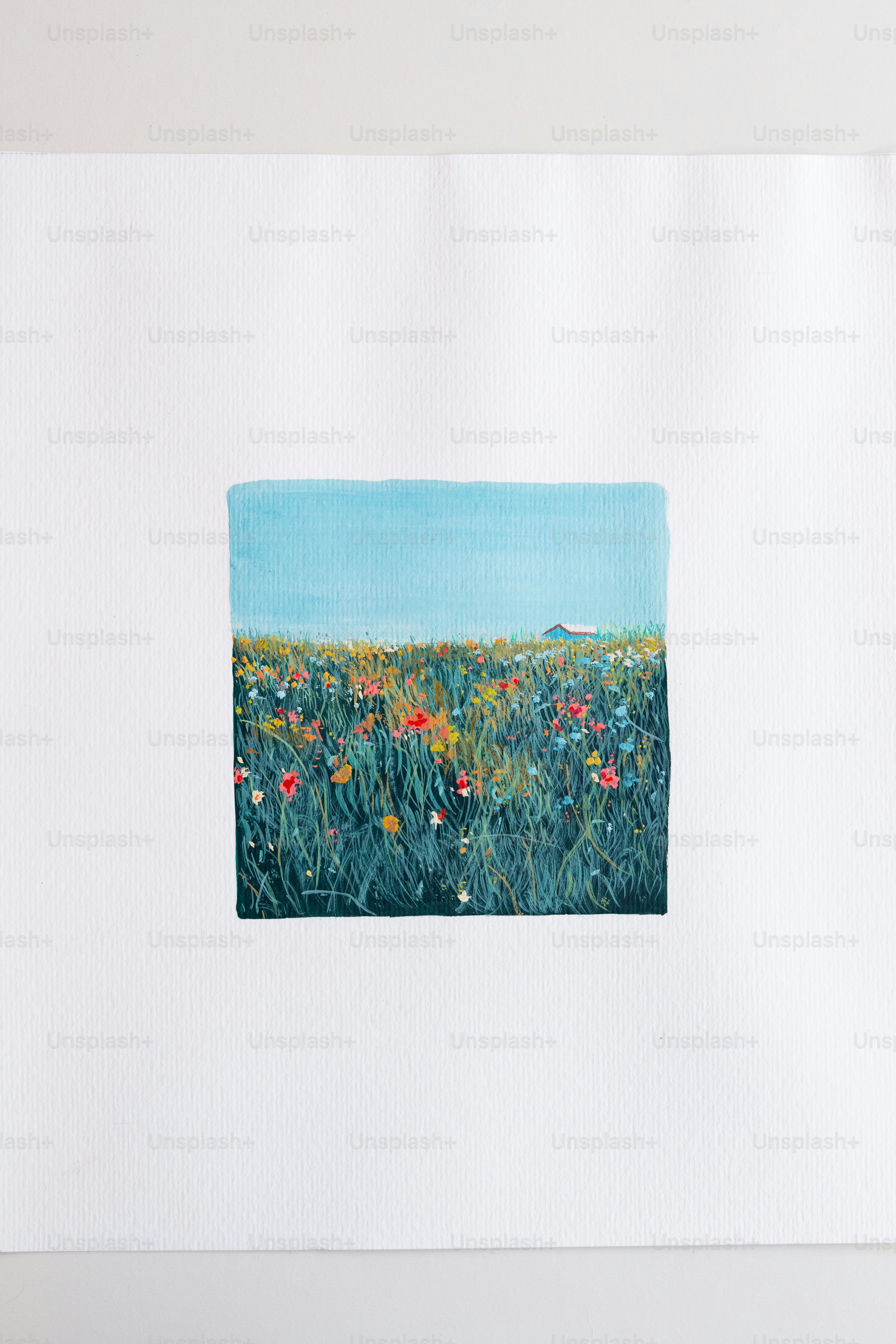 Colorful wildflower field painting under a blue sky