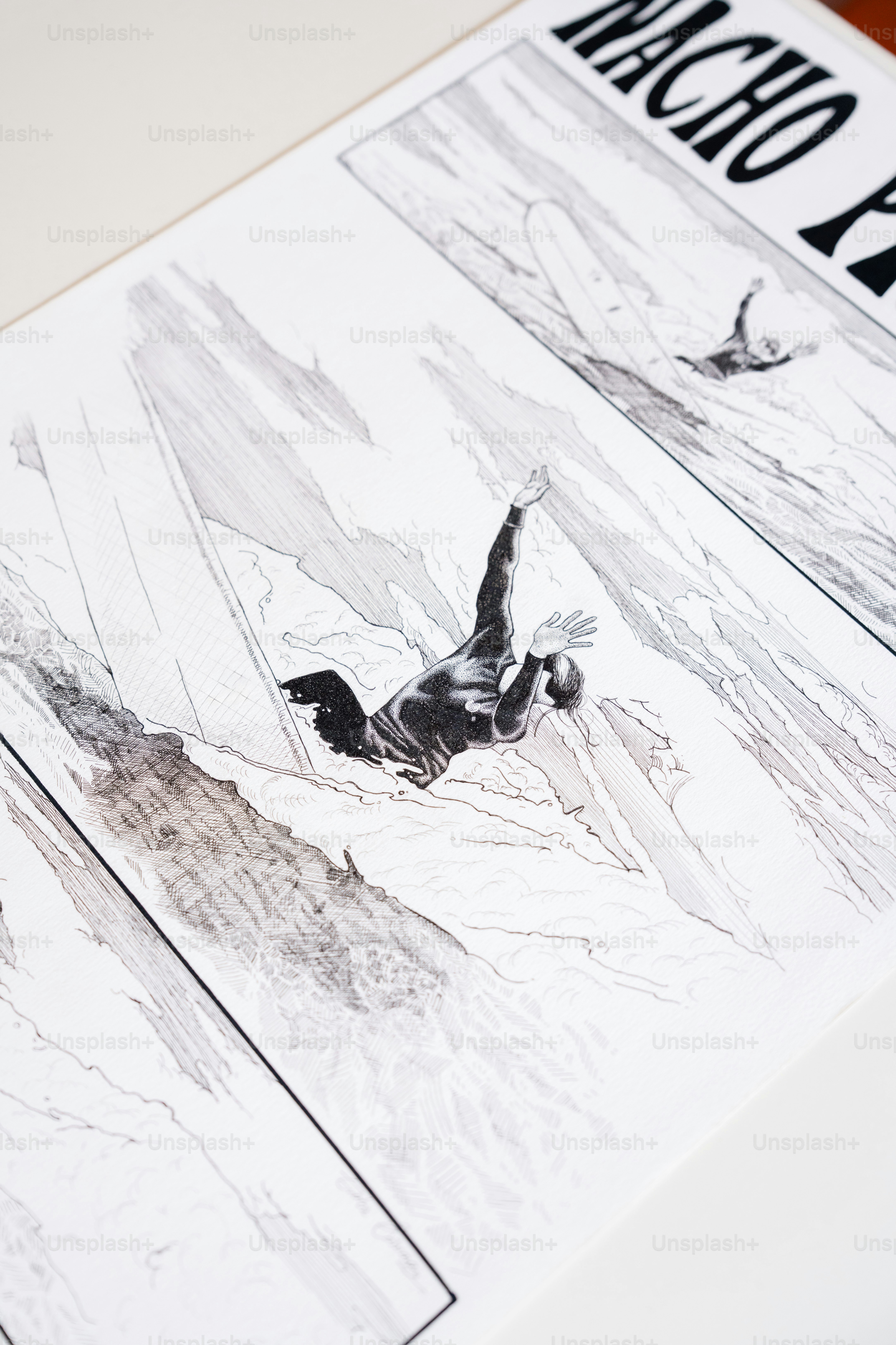 Illustrations en noir et blanc représentant des figures tombantes