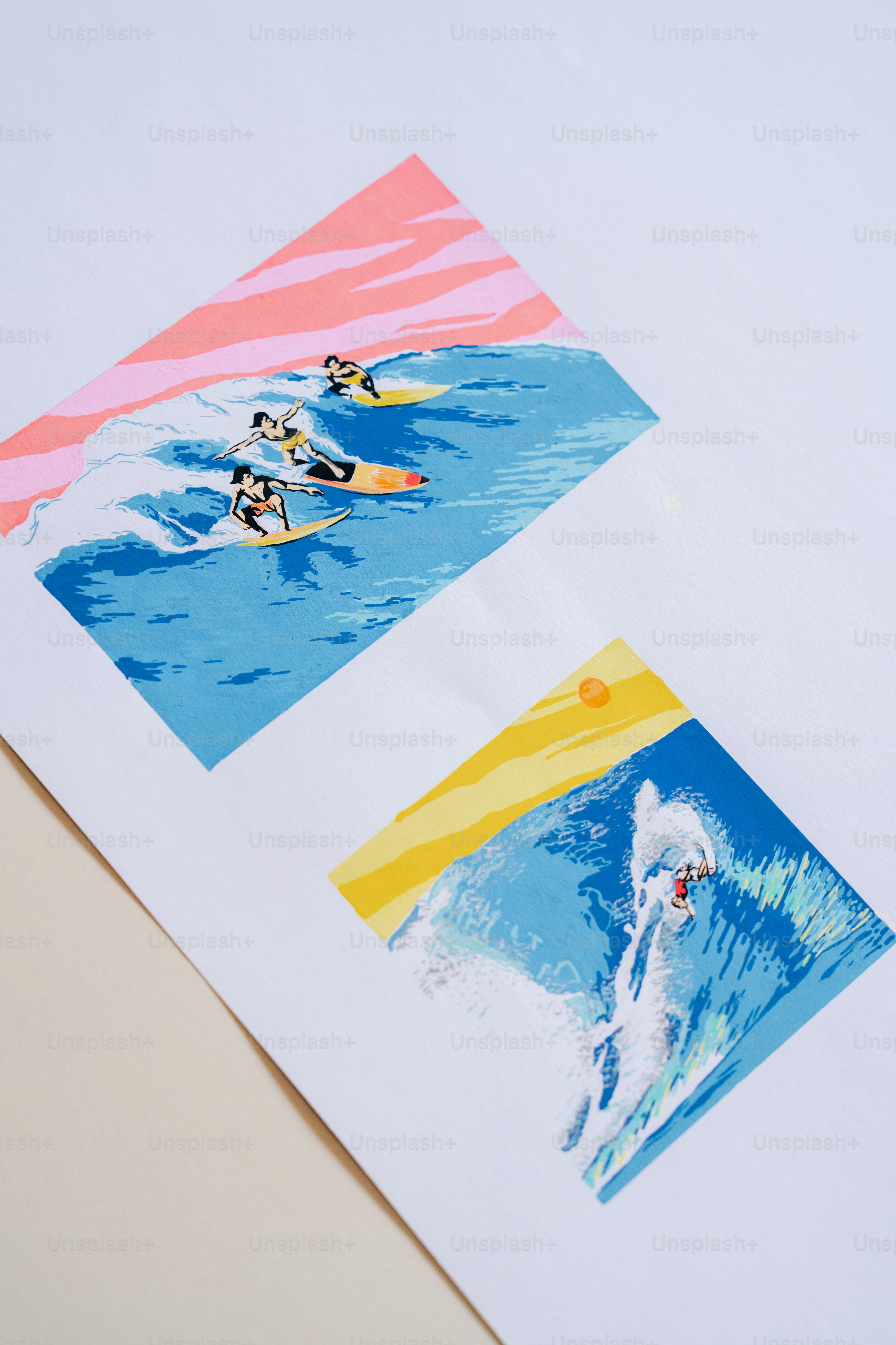 Deux illustrations de surf colorées sur fond blanc