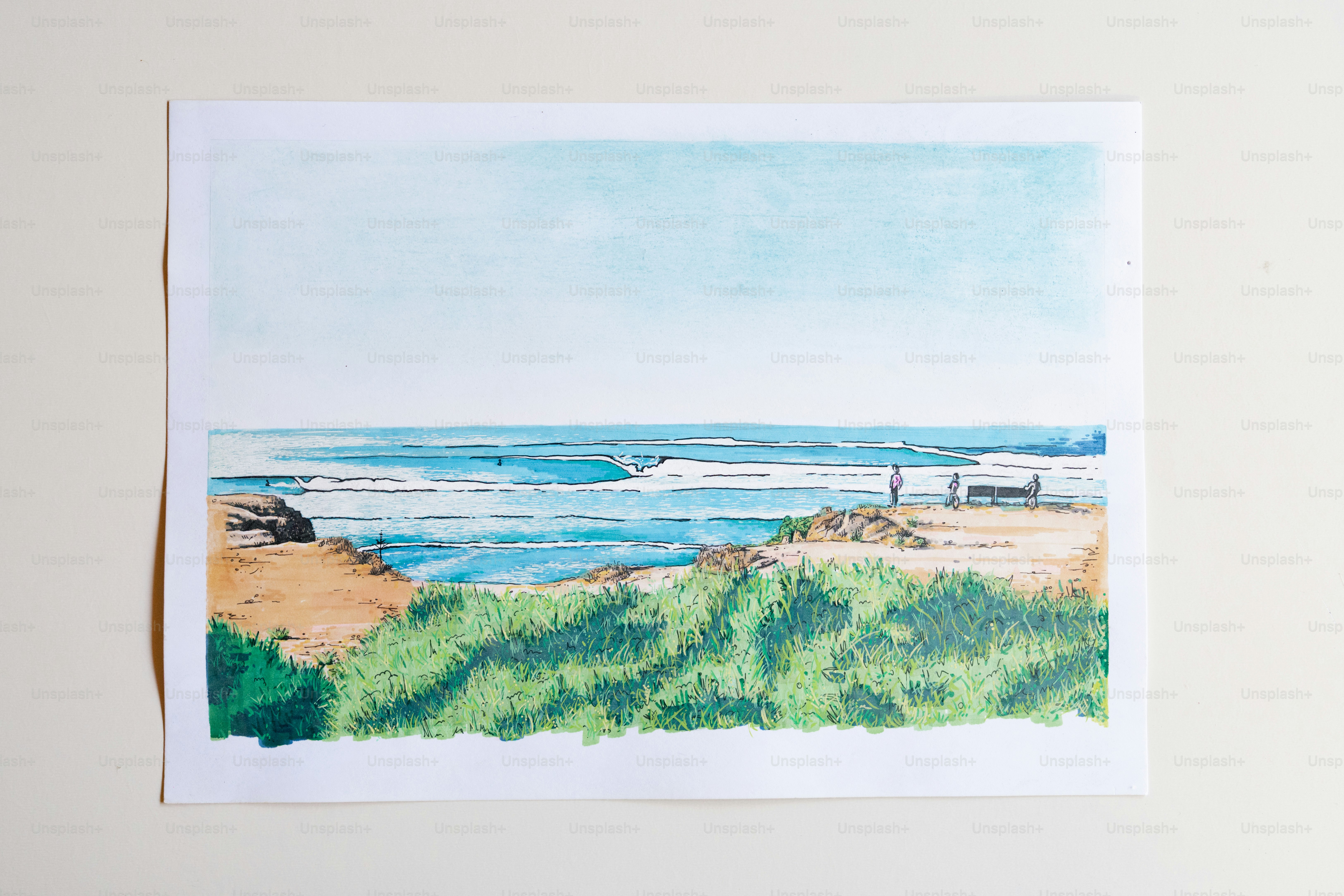 Aquarellmalerei von Strand, Ozean und grünem Gras
