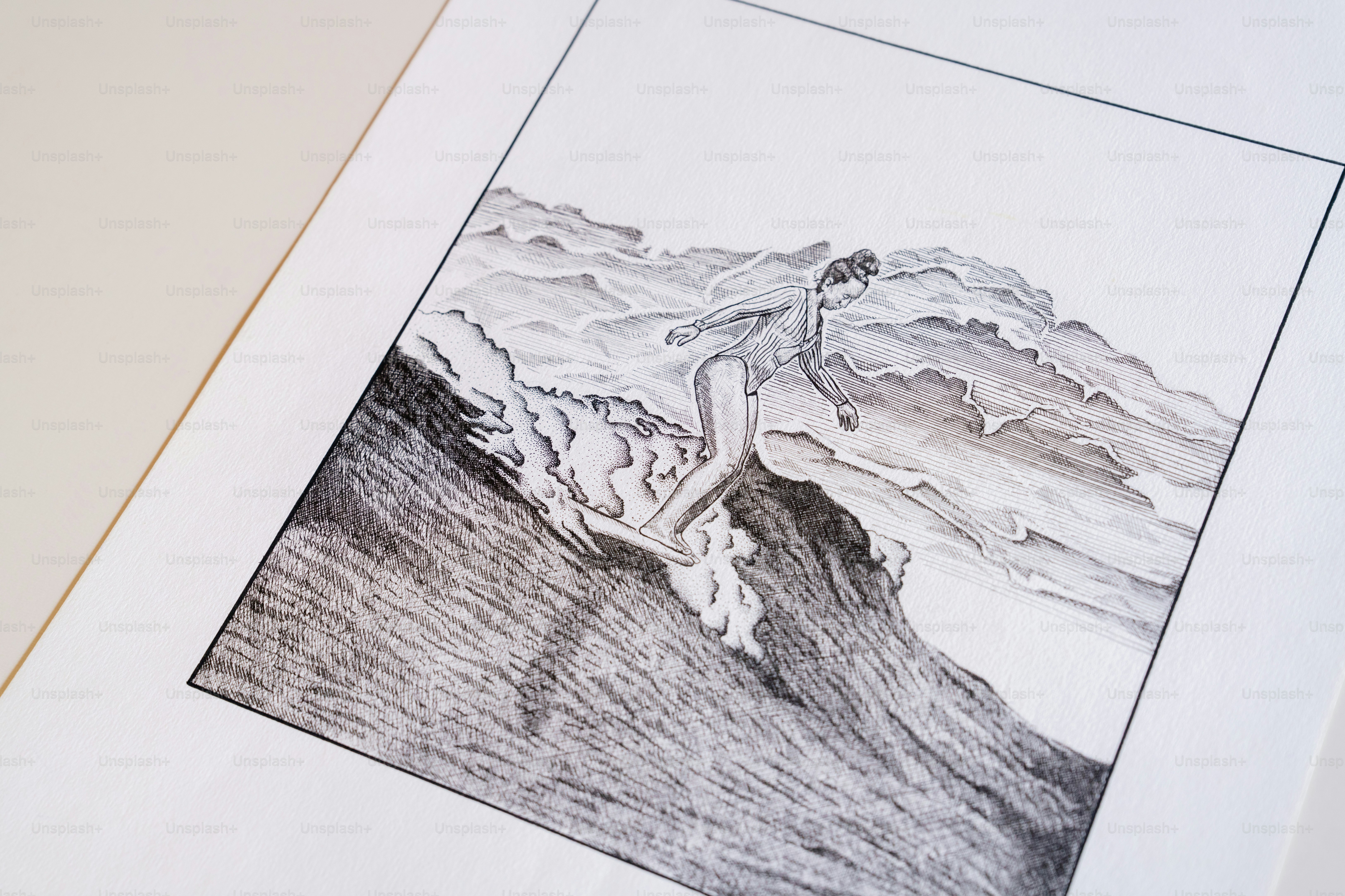Dessin détaillé d’un surfeur sur une vague déferlante