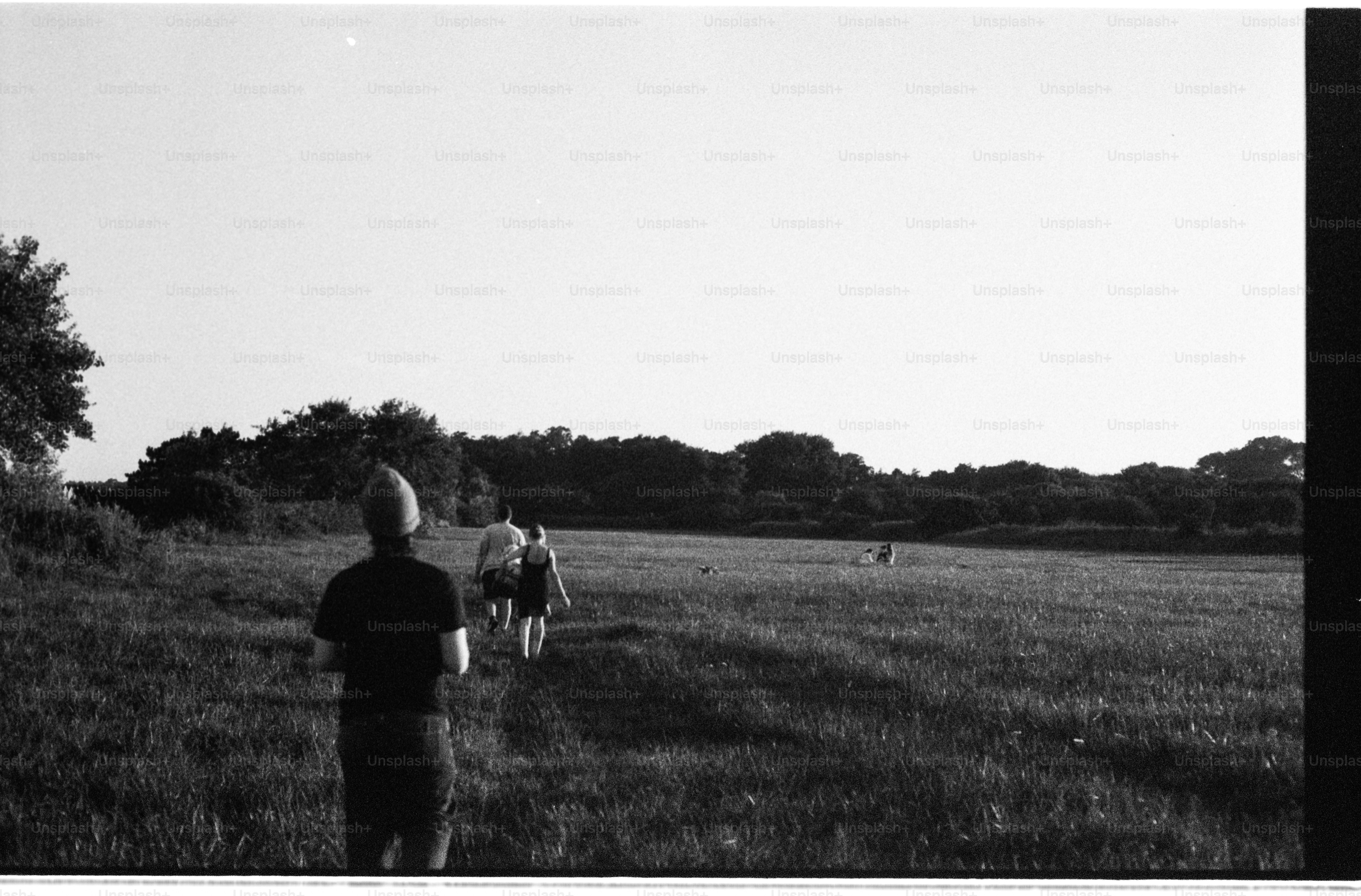 People walking across a vast grassy field