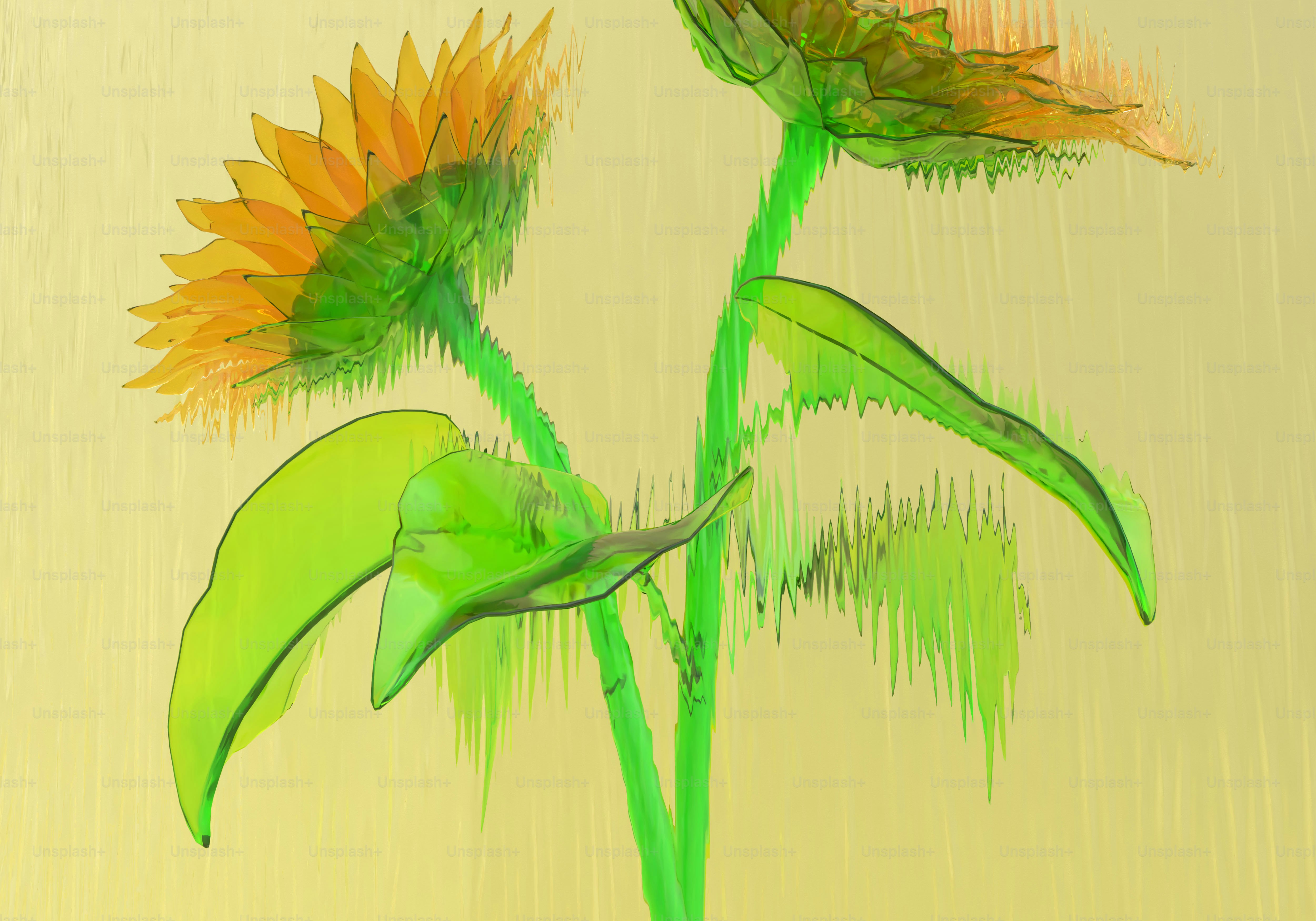 Artistic translucent sunflowers with green stems on yellow