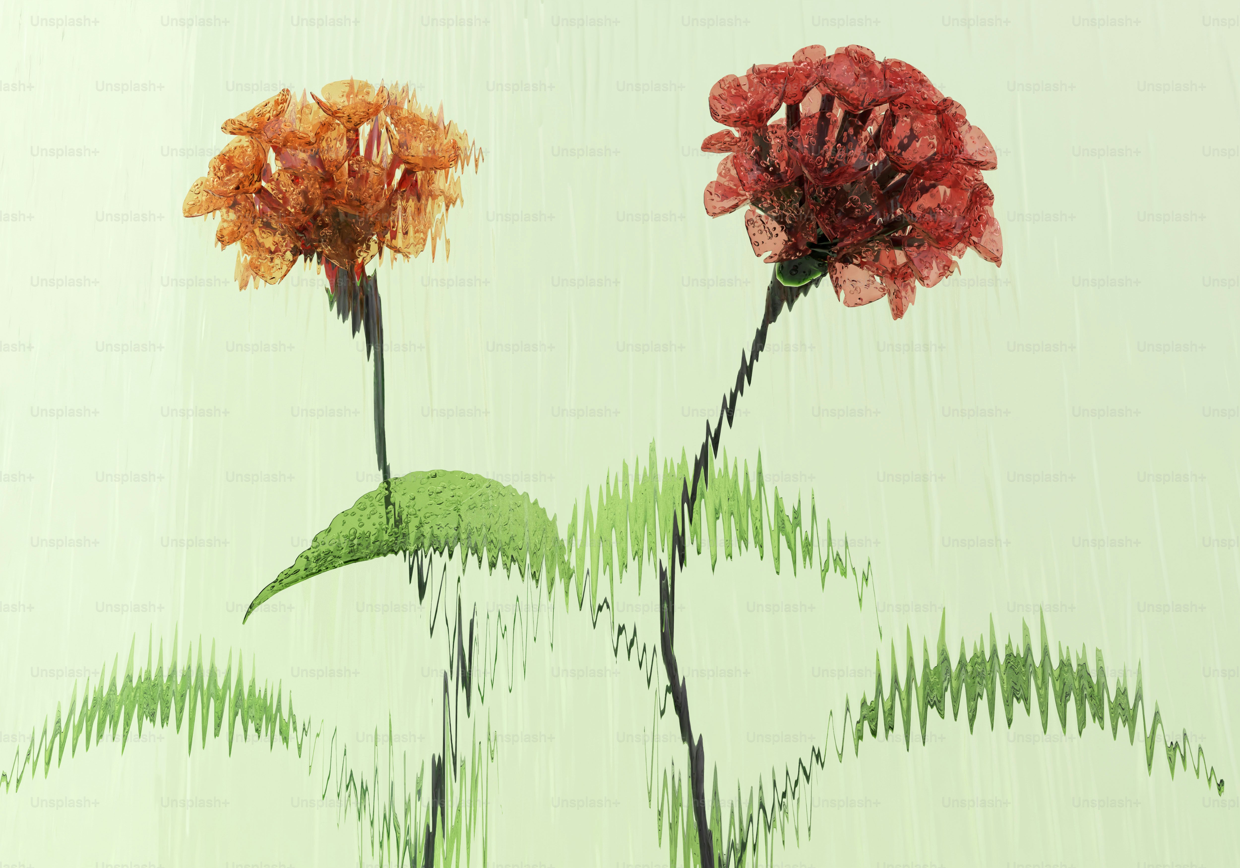Orange and red stylized flowers with abstract green grass
