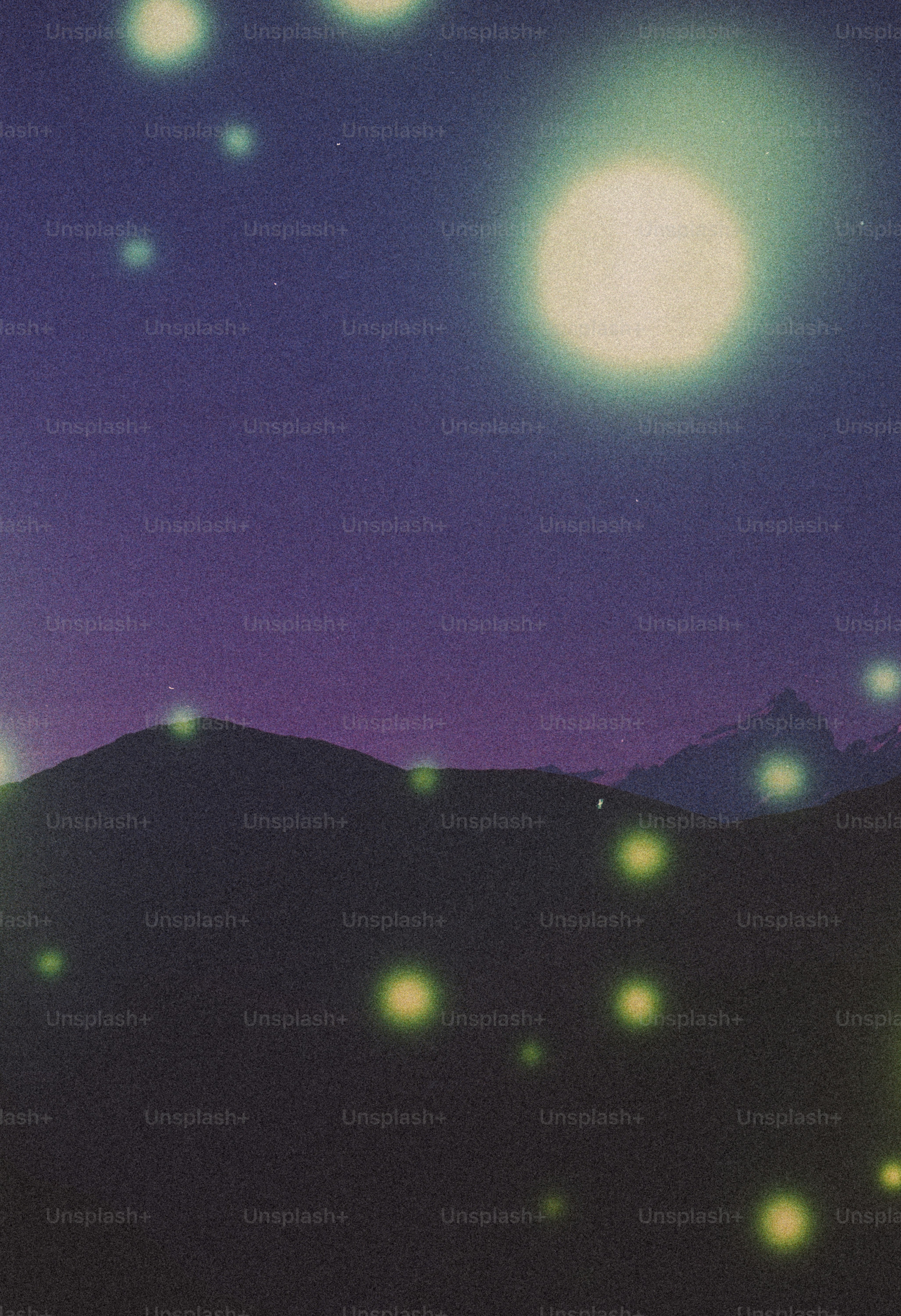 Fireflies and moon over dark mountain silhouettes