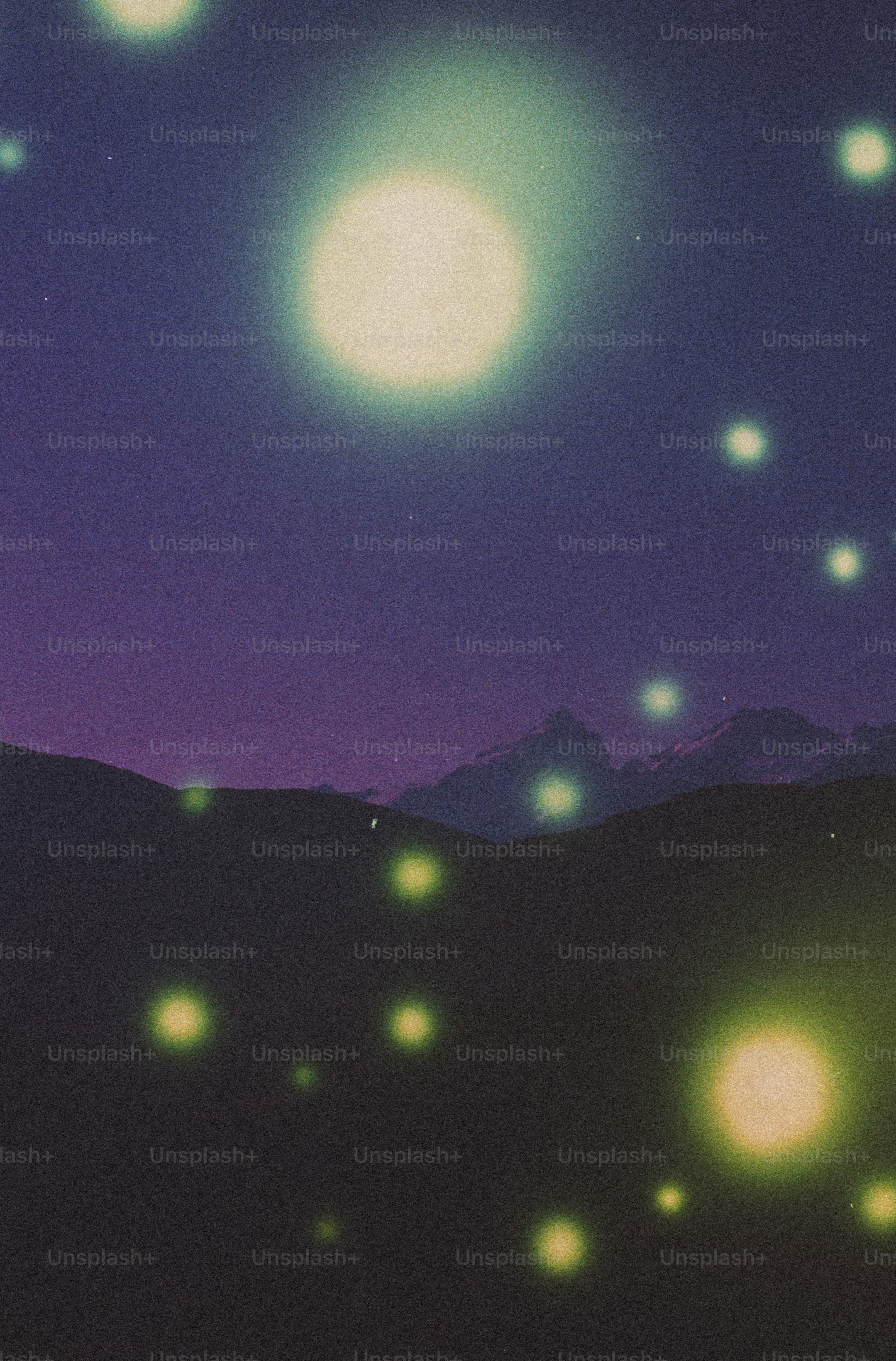 Luminous orbs hover over dark hills at twilight