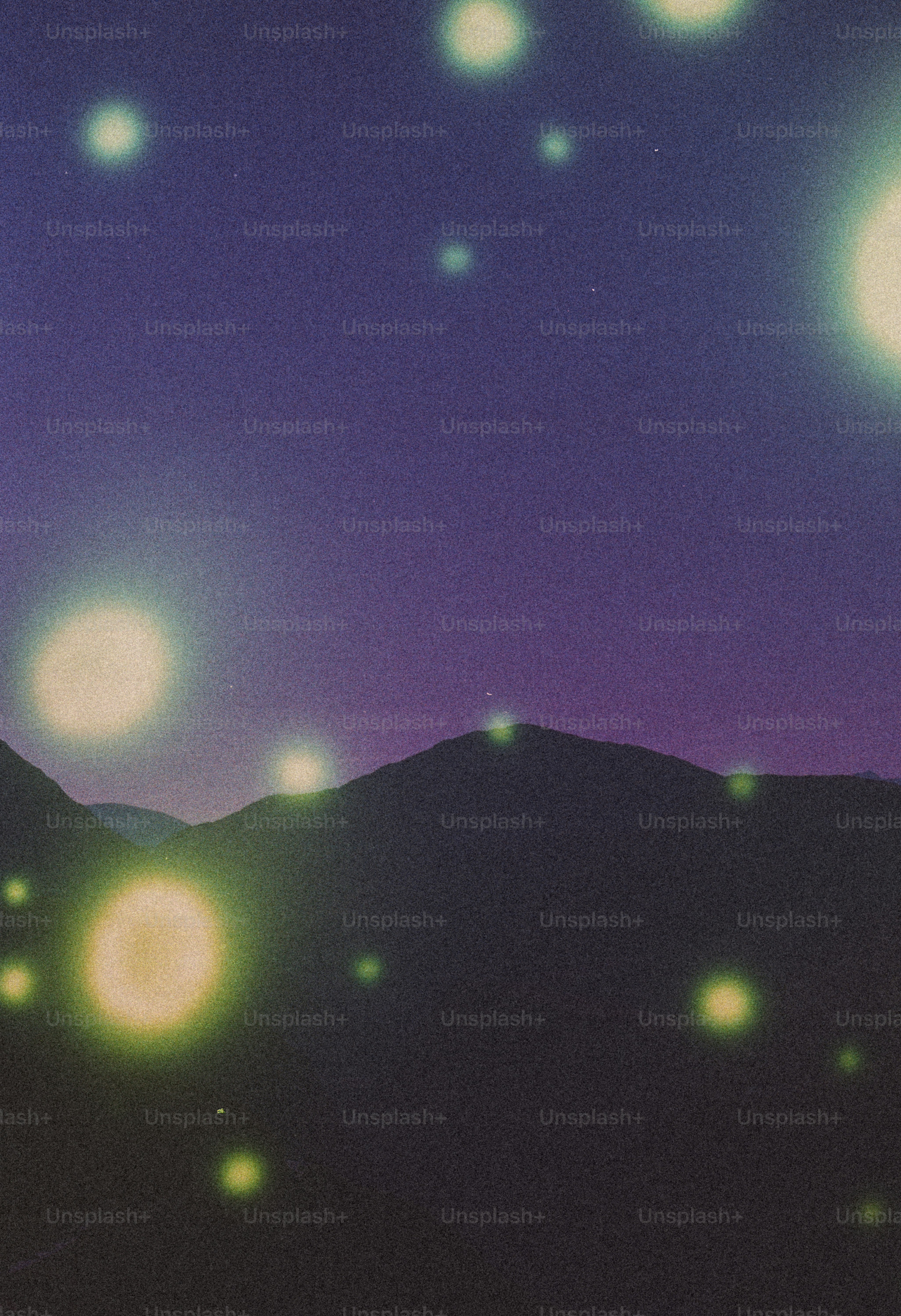 Glowing orbs illuminate dark mountains under a night sky