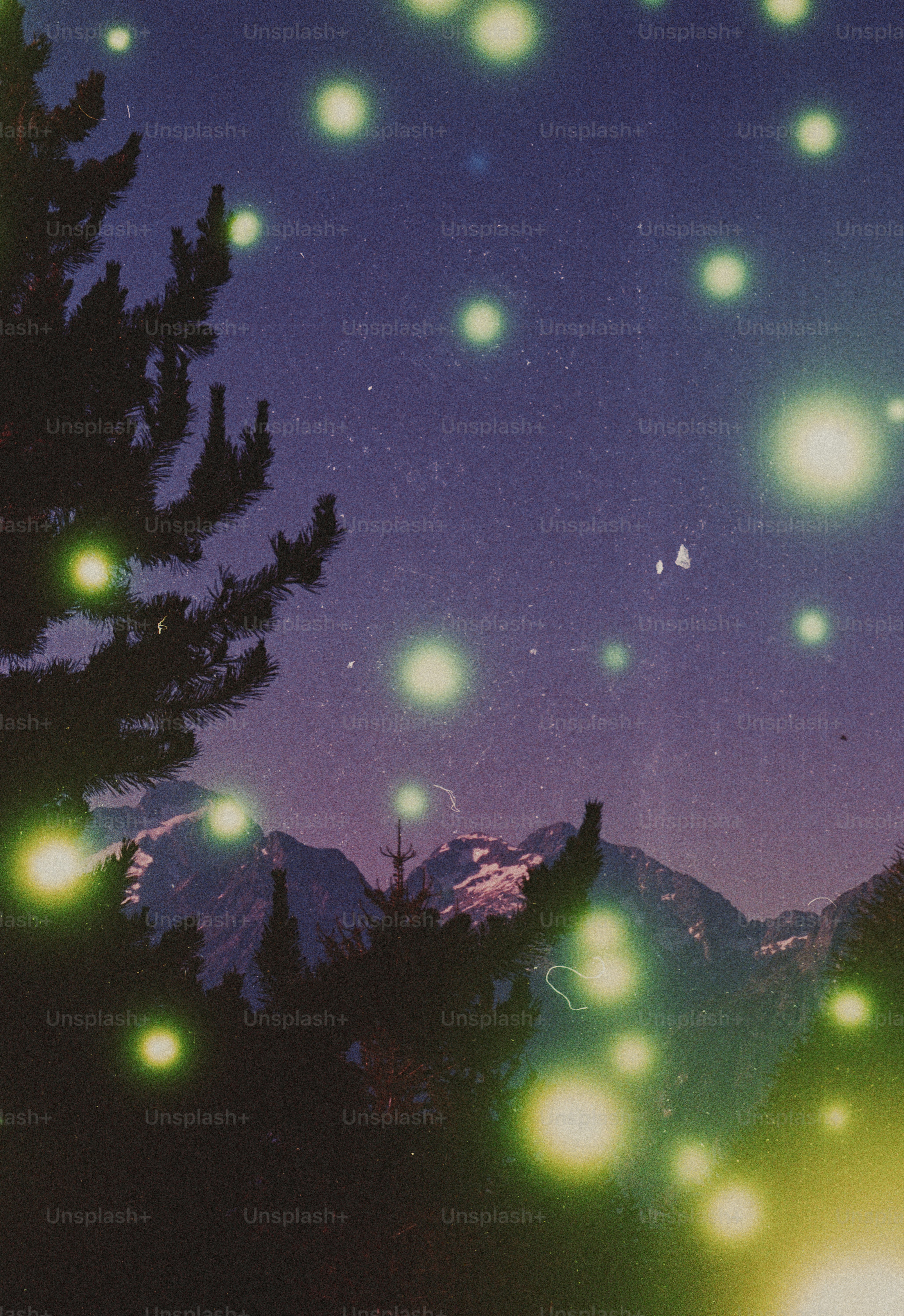 Glowing orbs over mountains and pine trees at night