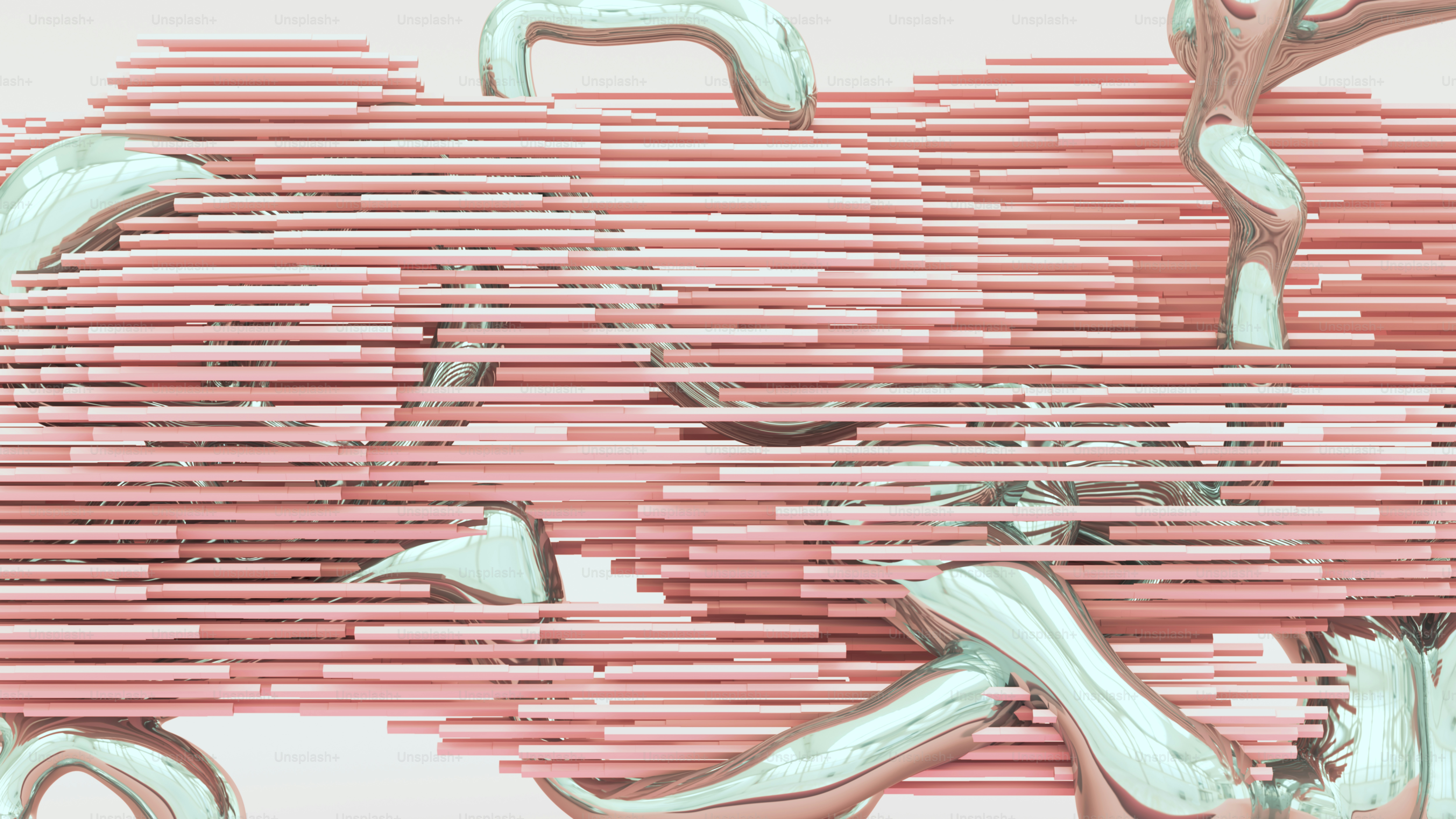 Des barres abstraites roses avec des formes fluides métalliques brillantes