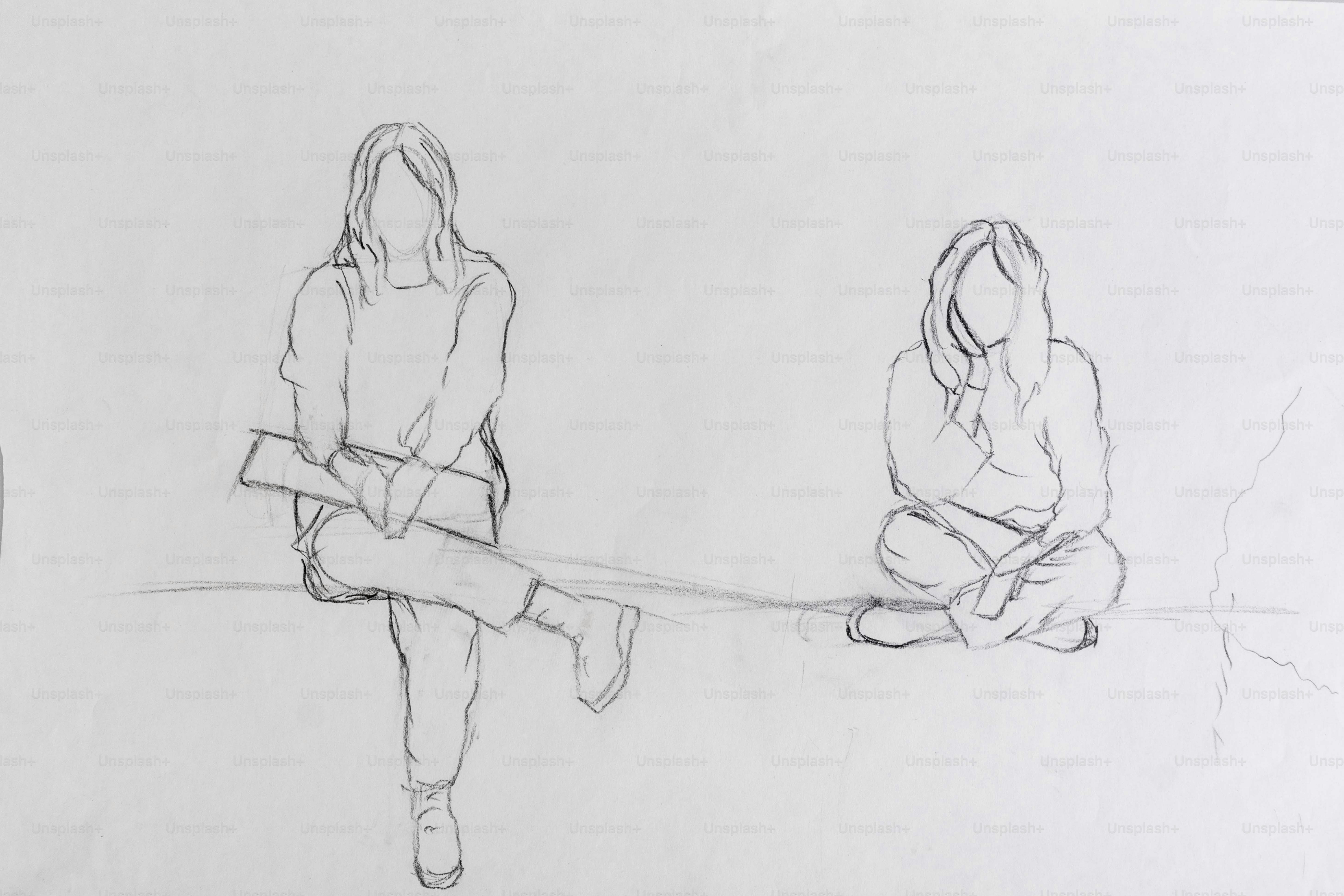 Sketsa pensil dua orang, satu duduk dengan kaki bersilang dan satu lagi bersila