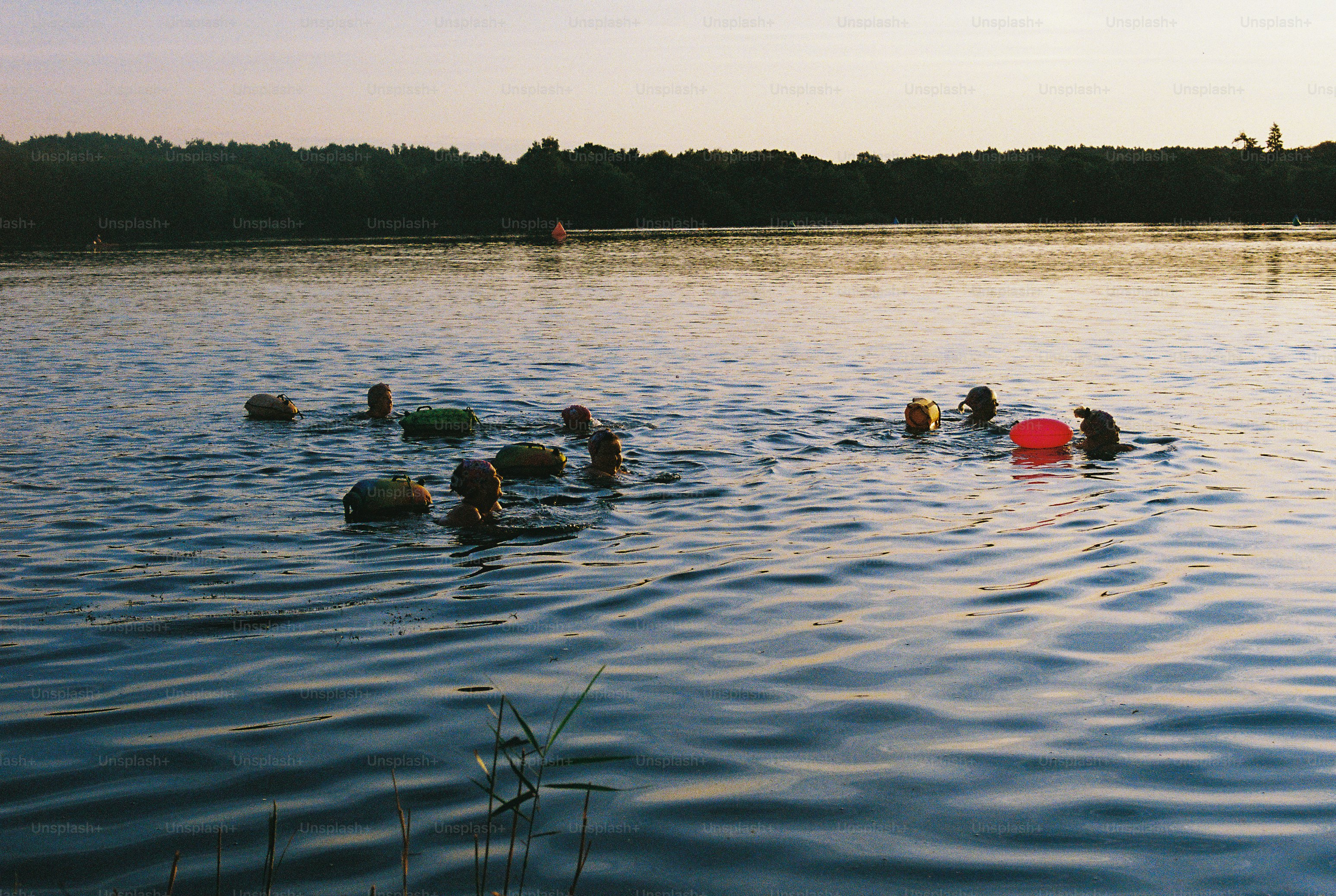 People floating in lake at dusk