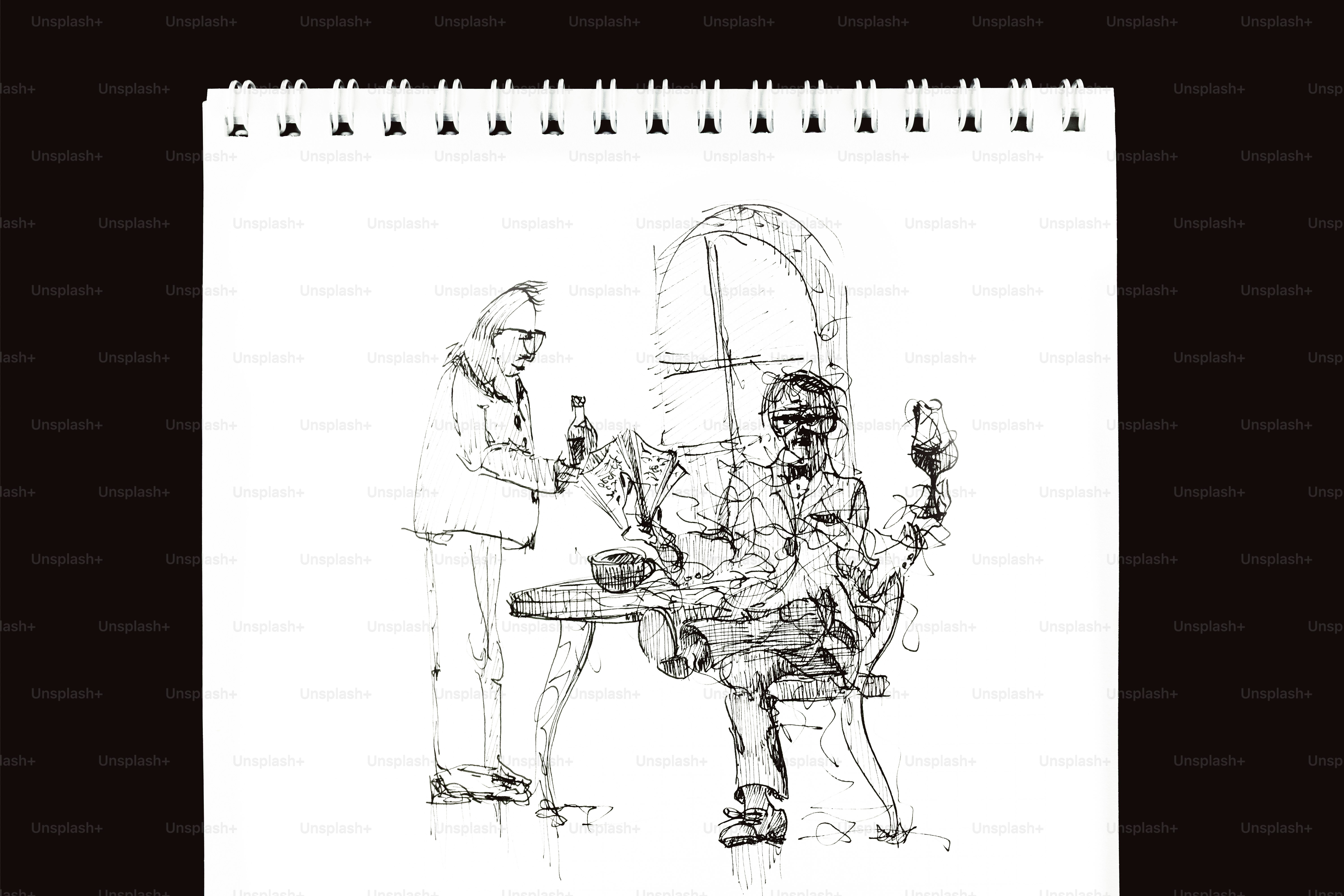 瓶を持つ二人の人物を描いたノートスケッチ