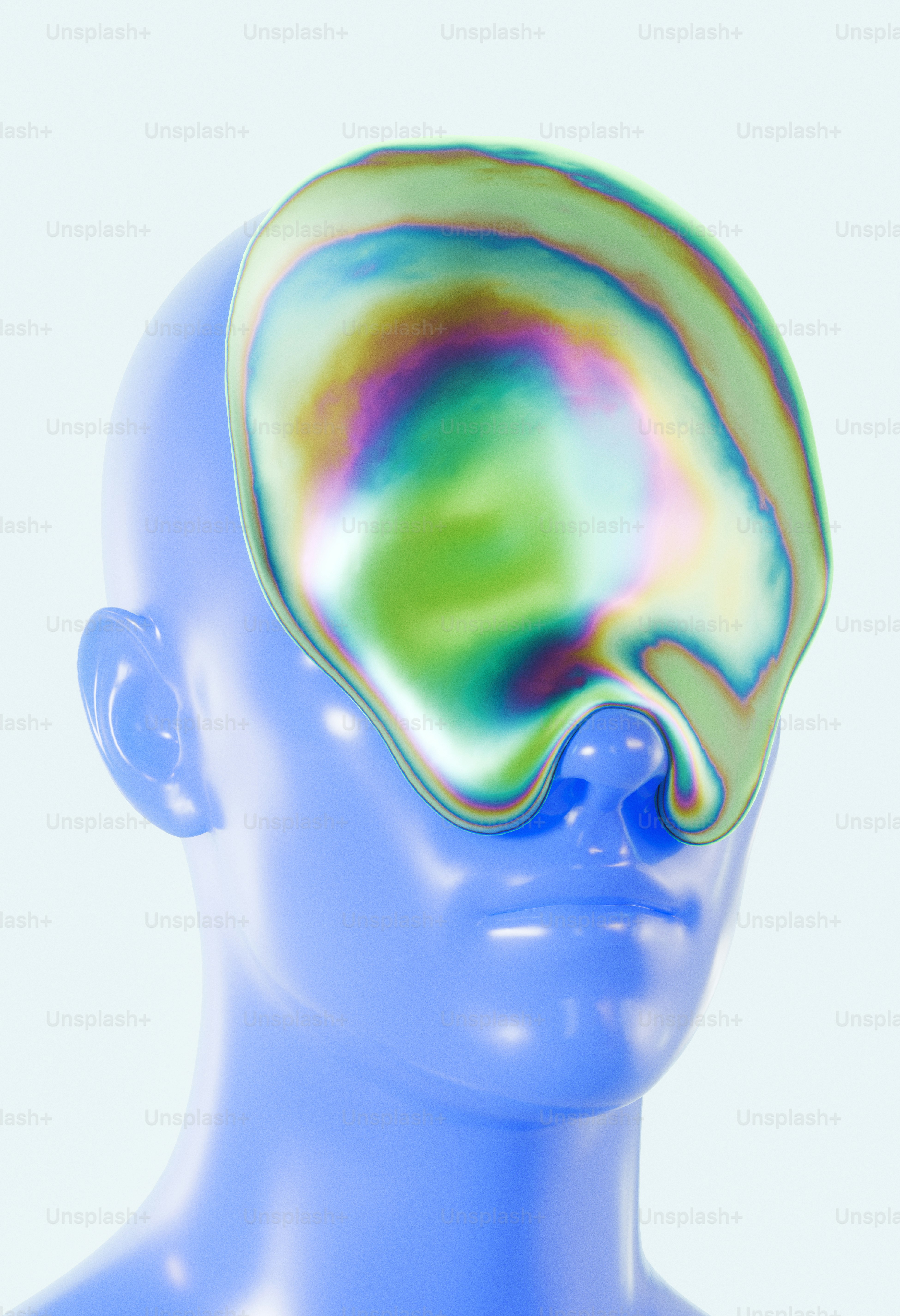 Tête de mannequin bleue avec un liquide coloré iridescent