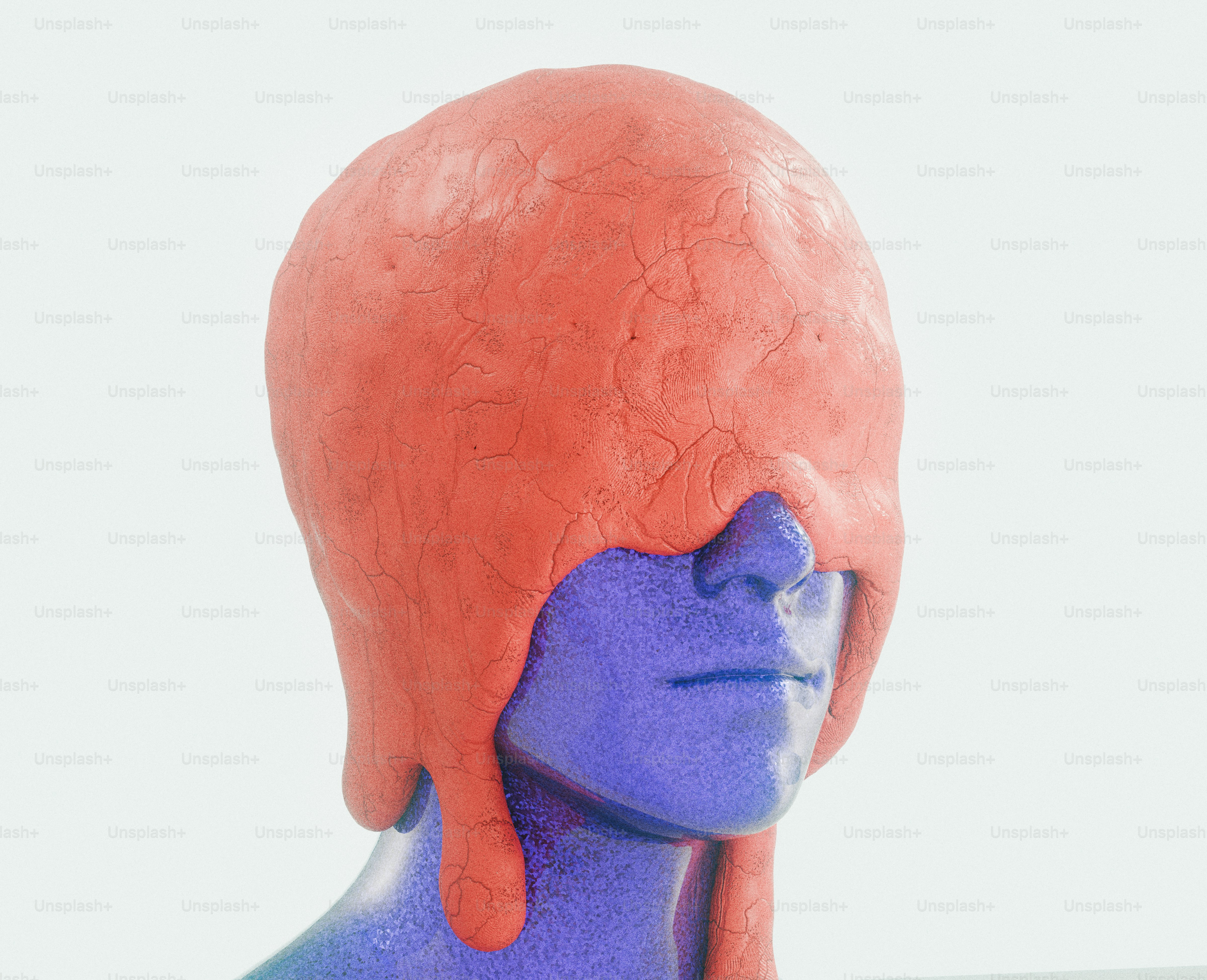 Tête bleue couverte d’une substance rouge fondante