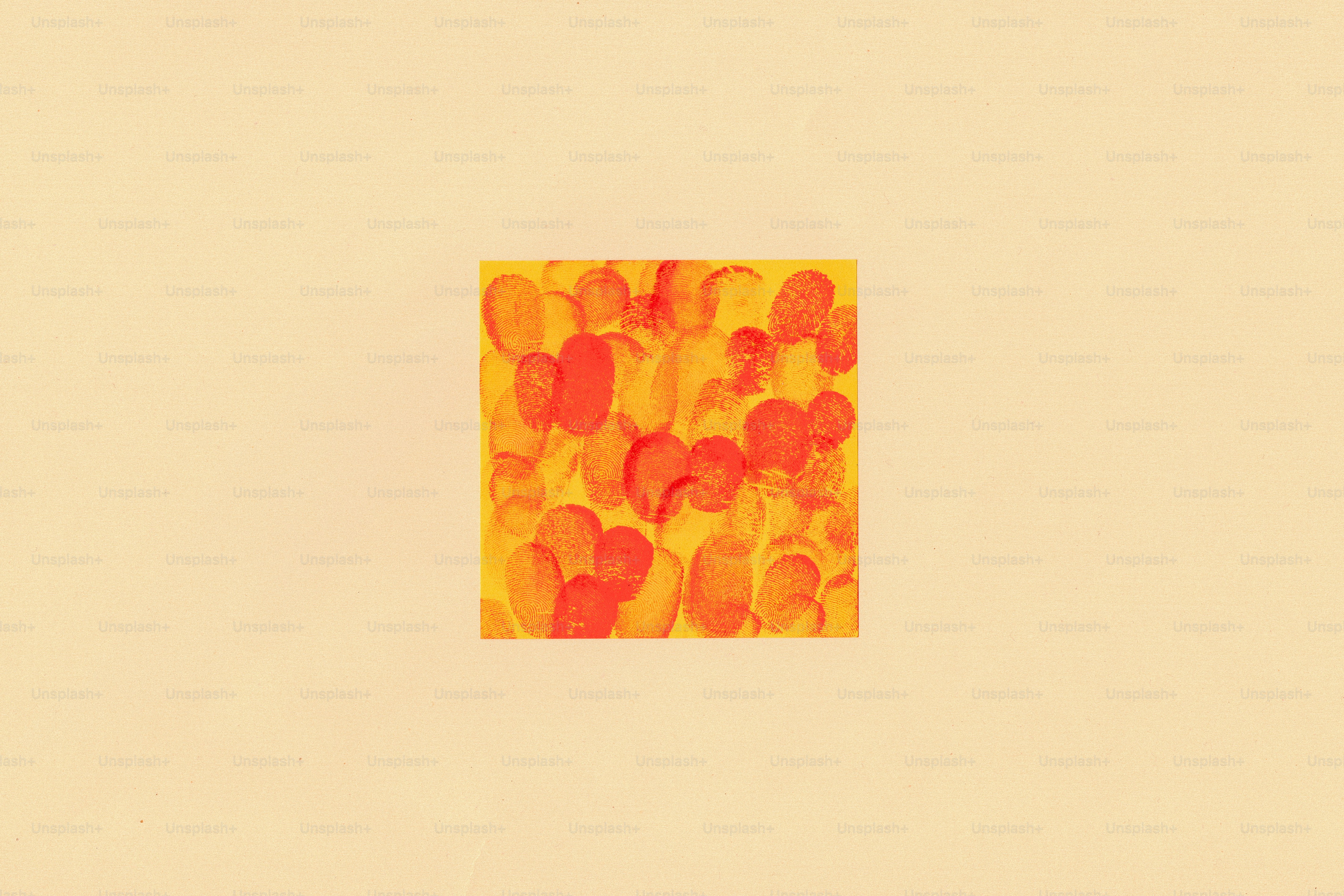 Red fingerprint patterns overlapping on a bright yellow square background.