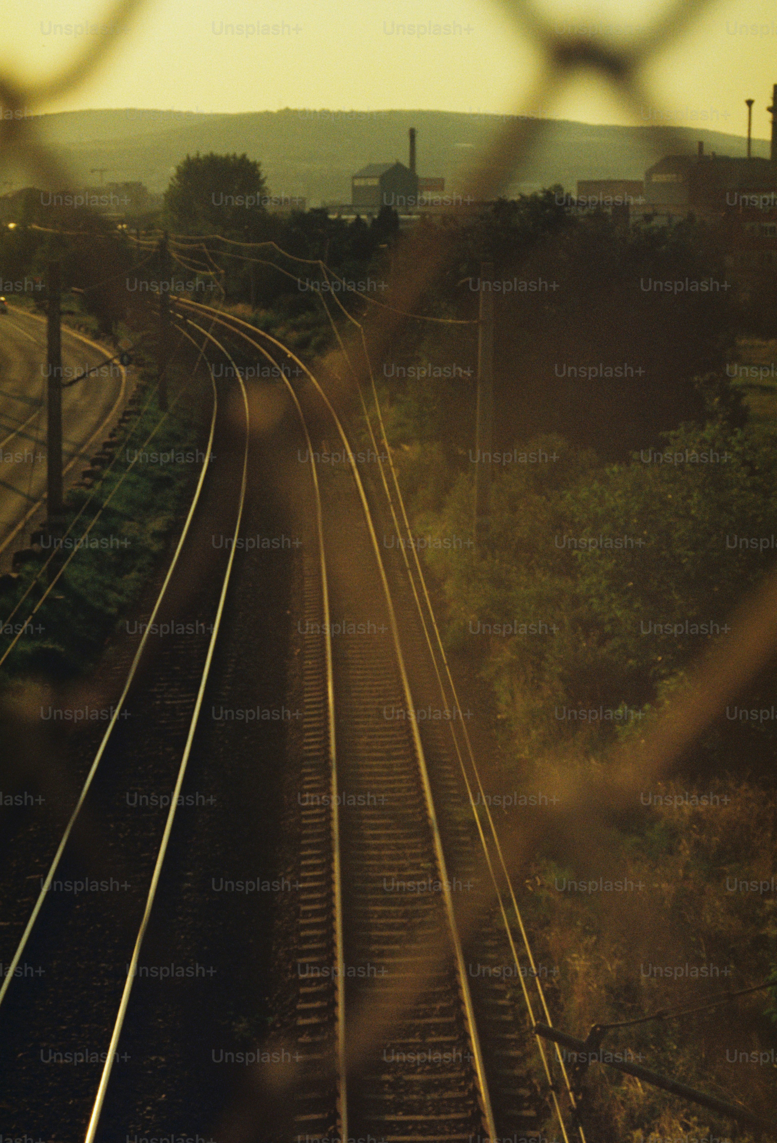 Train tracks curving towards industrial buildings at sunset