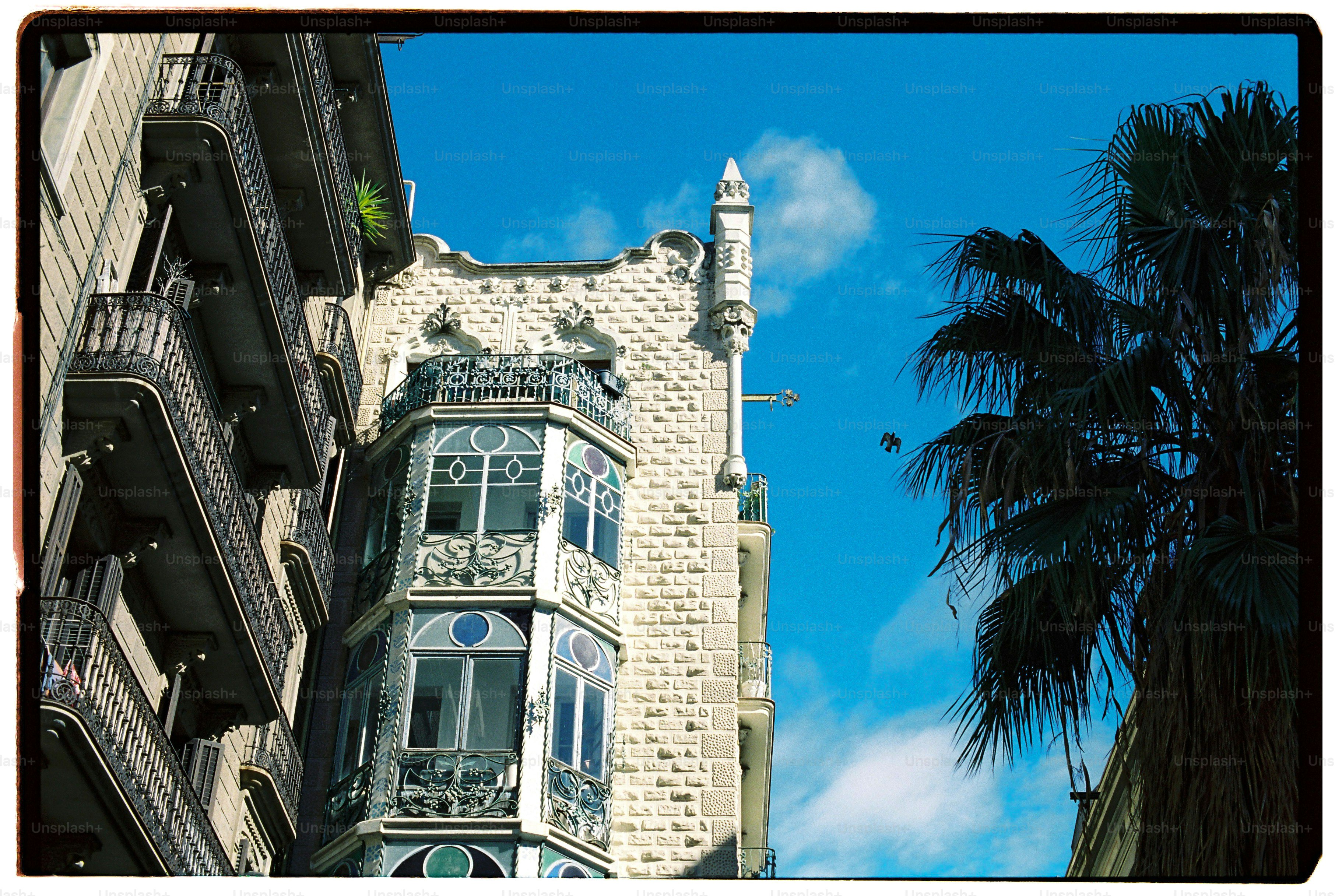An ornate stone building with a bay window beside a palm tree.