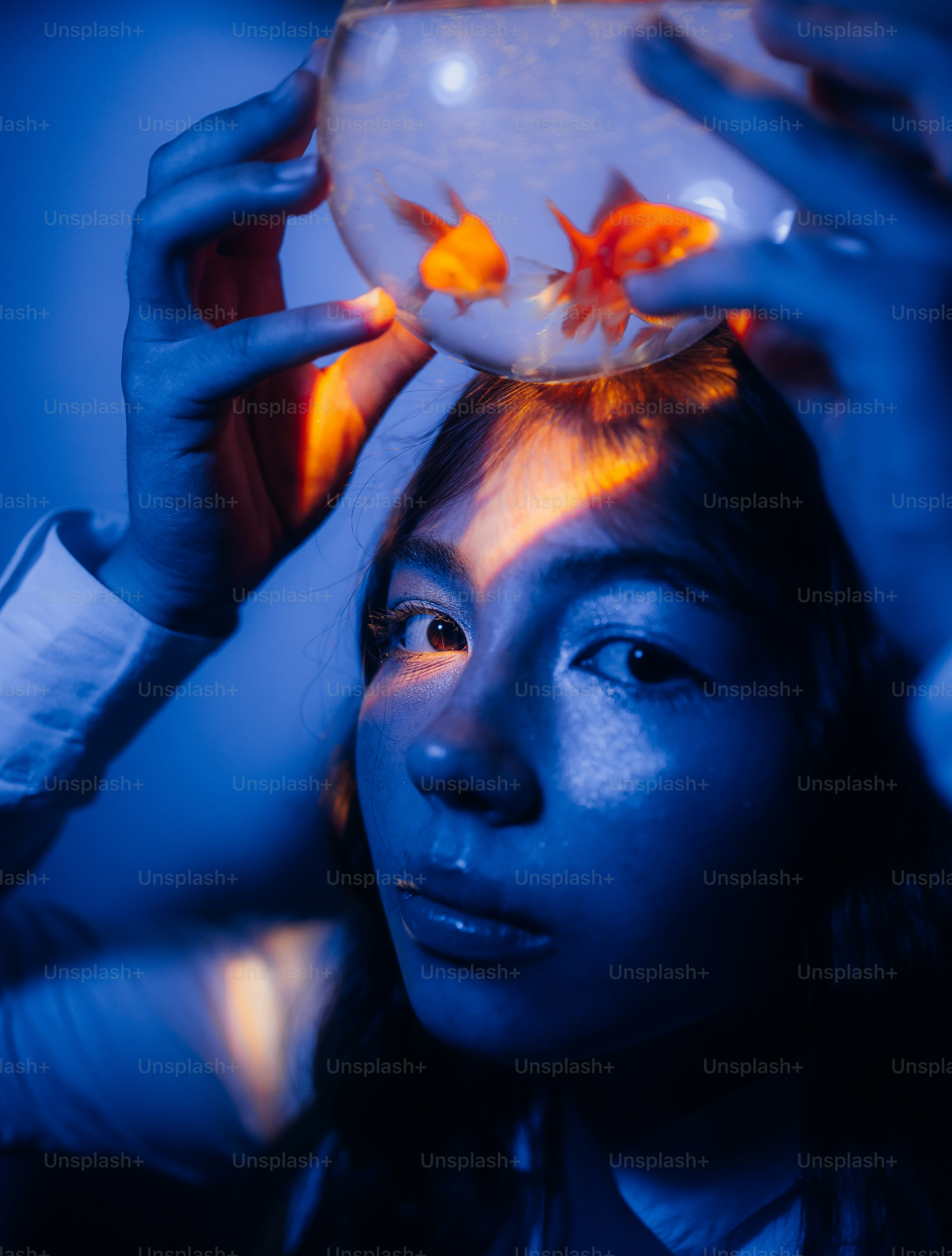 Goldfish in bowl on person's head, blue light