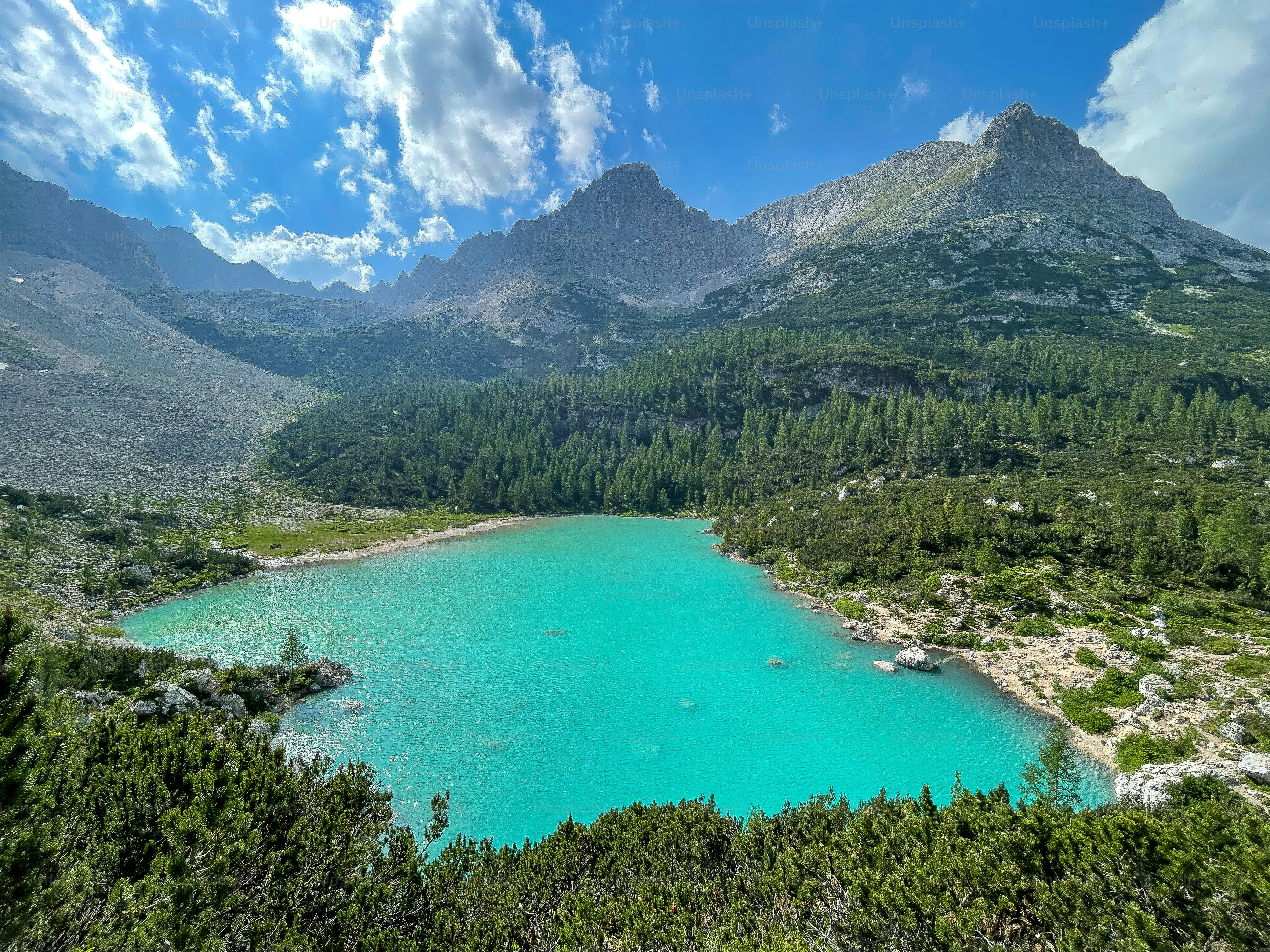 The turquoise water of Lake Sorapiss surrounded by pine trees and the Dolomites, Italy