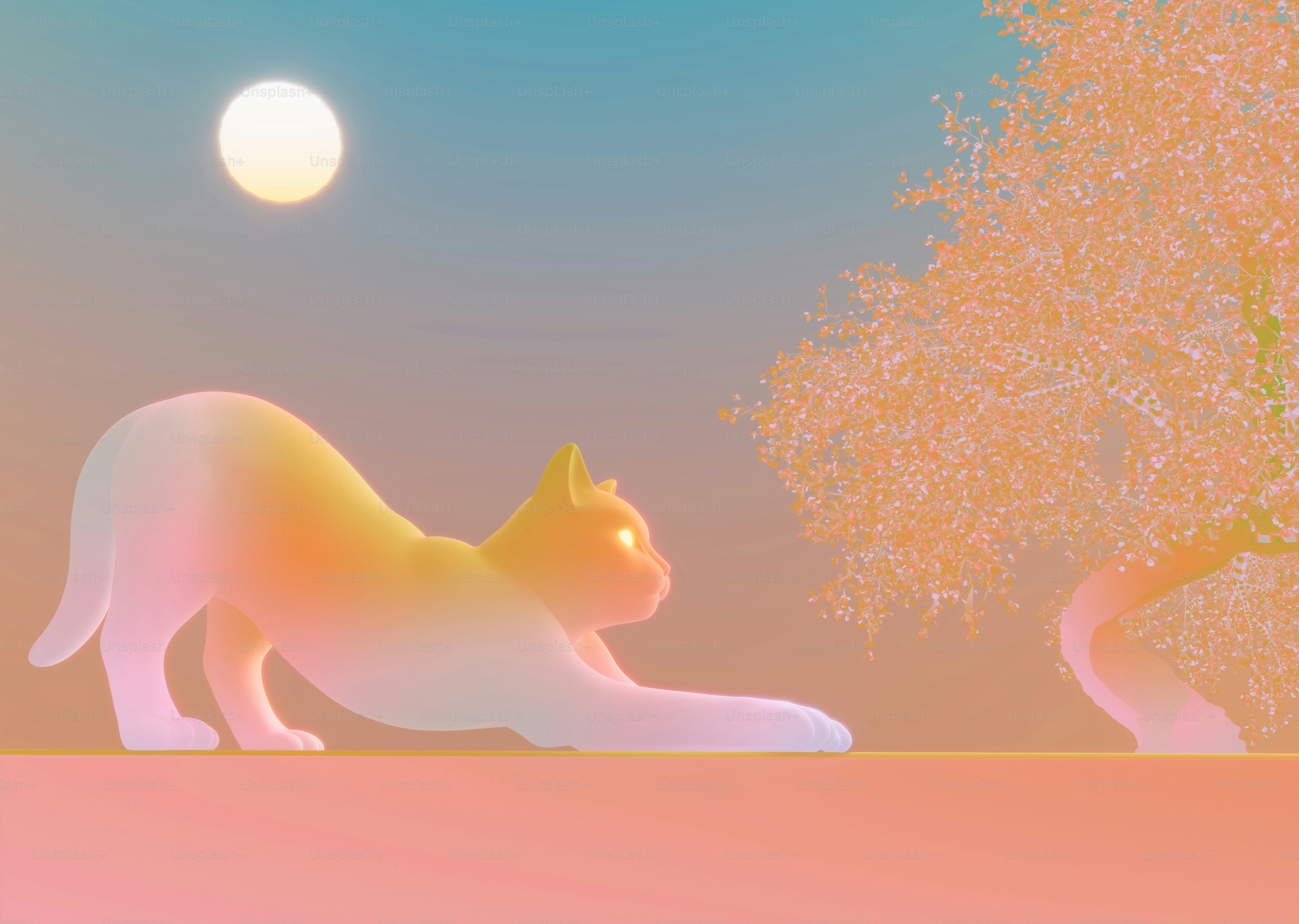 A glowing cat stretching near a flowering tree under a bright moon