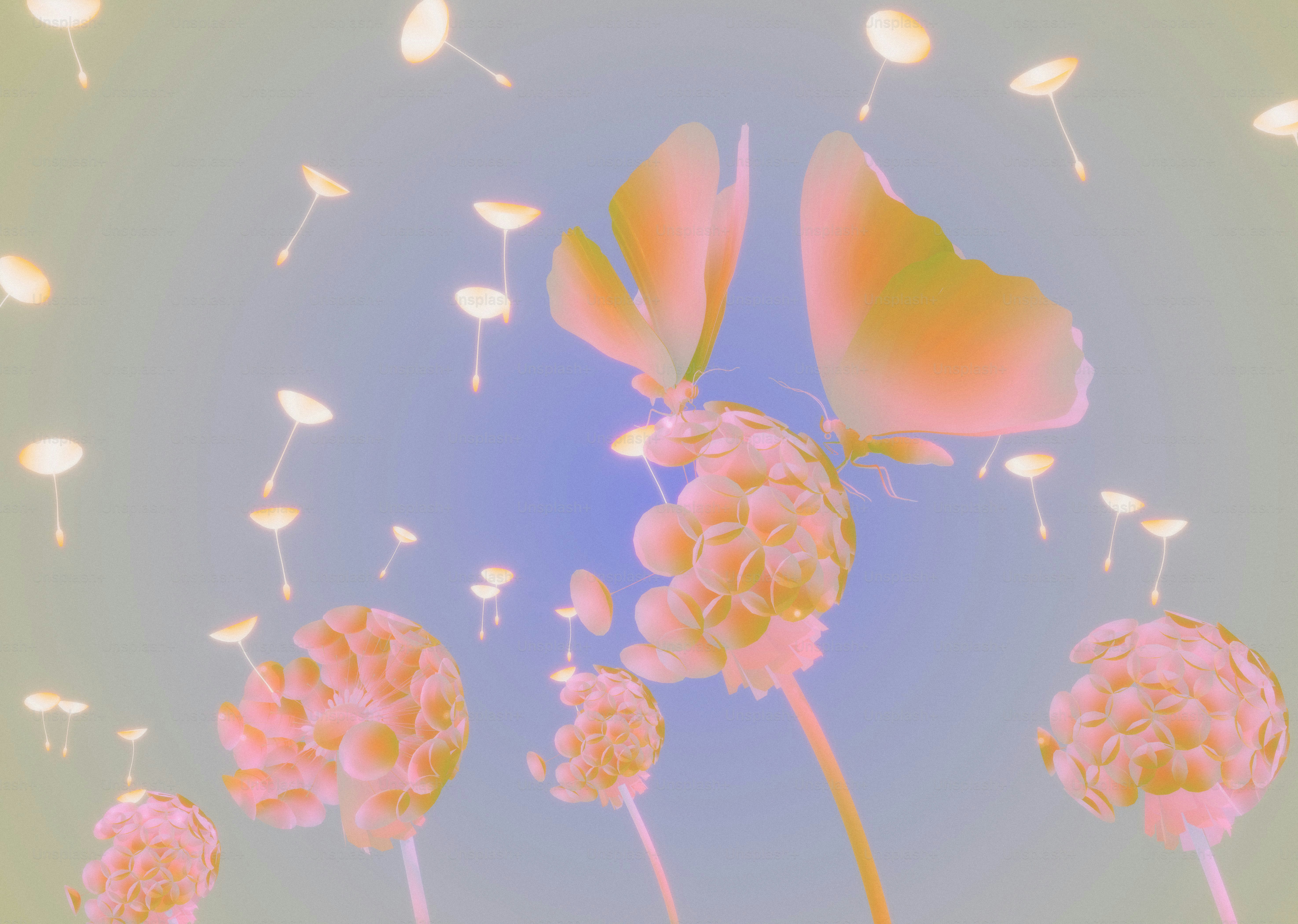A butterfly resting on a dandelion with floating seeds against a soft gradient background
