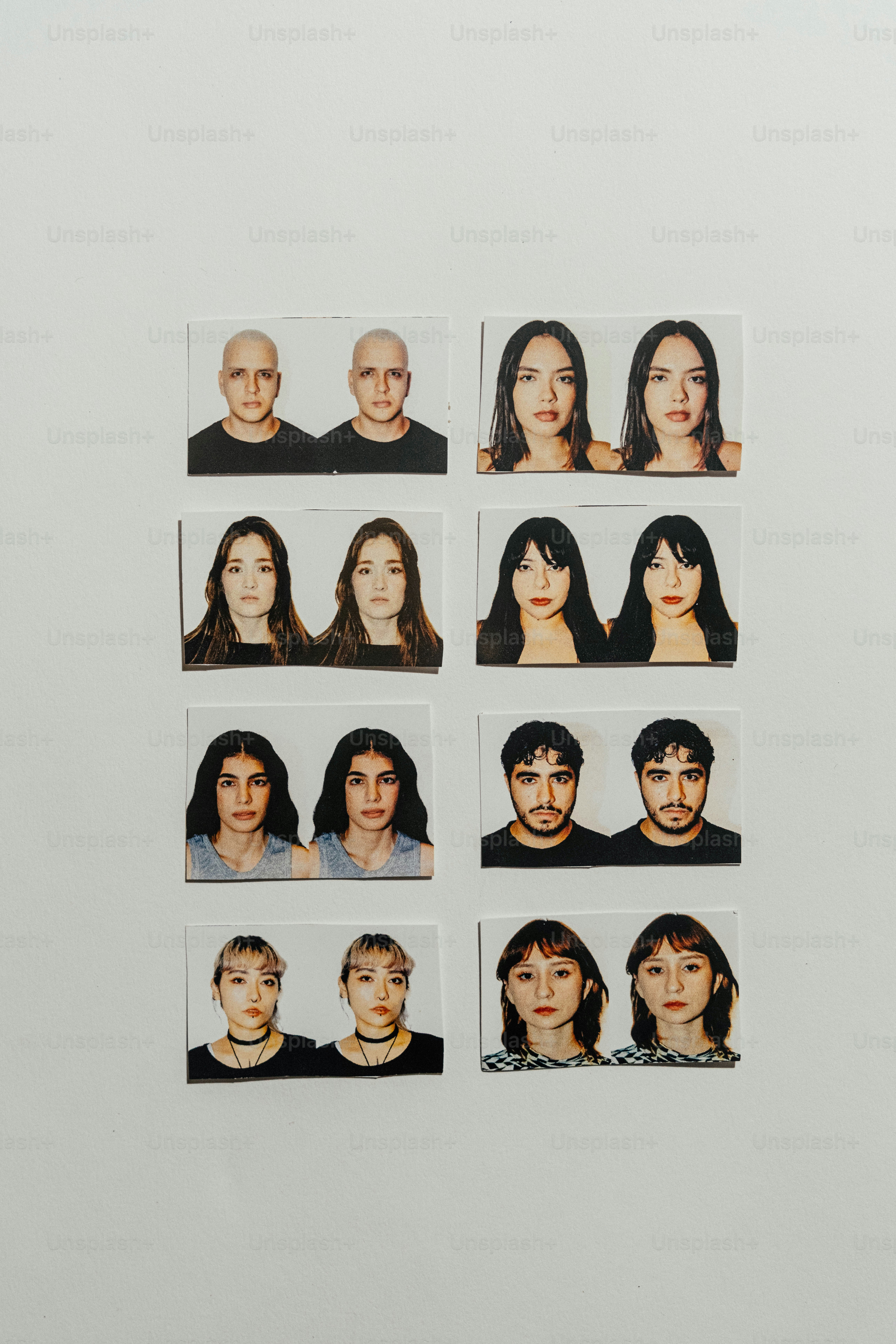 Eight passport-style portraits of diverse people arranged in a grid on a white background.