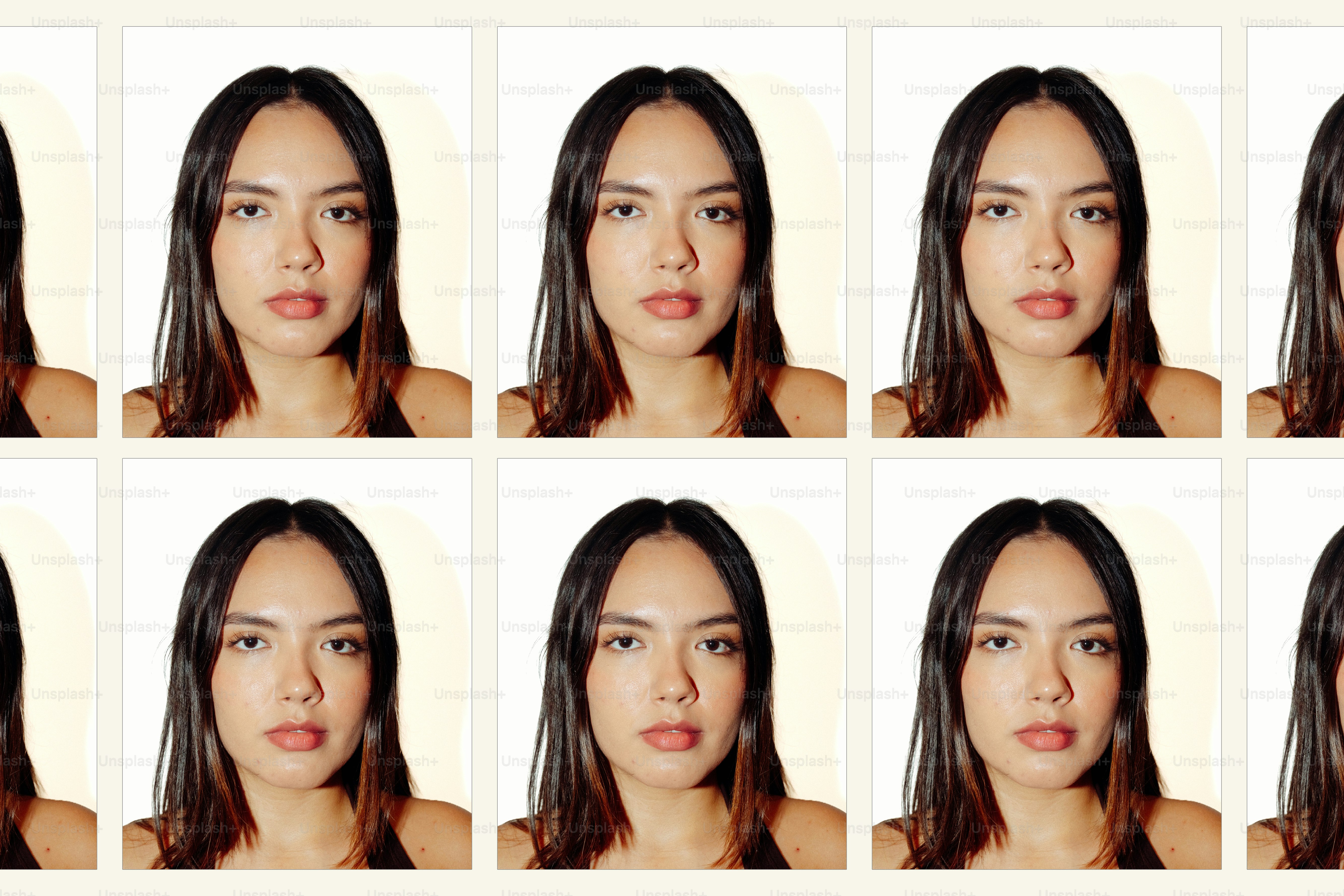 A grid of identical passport-style portraits of a woman with dark hair