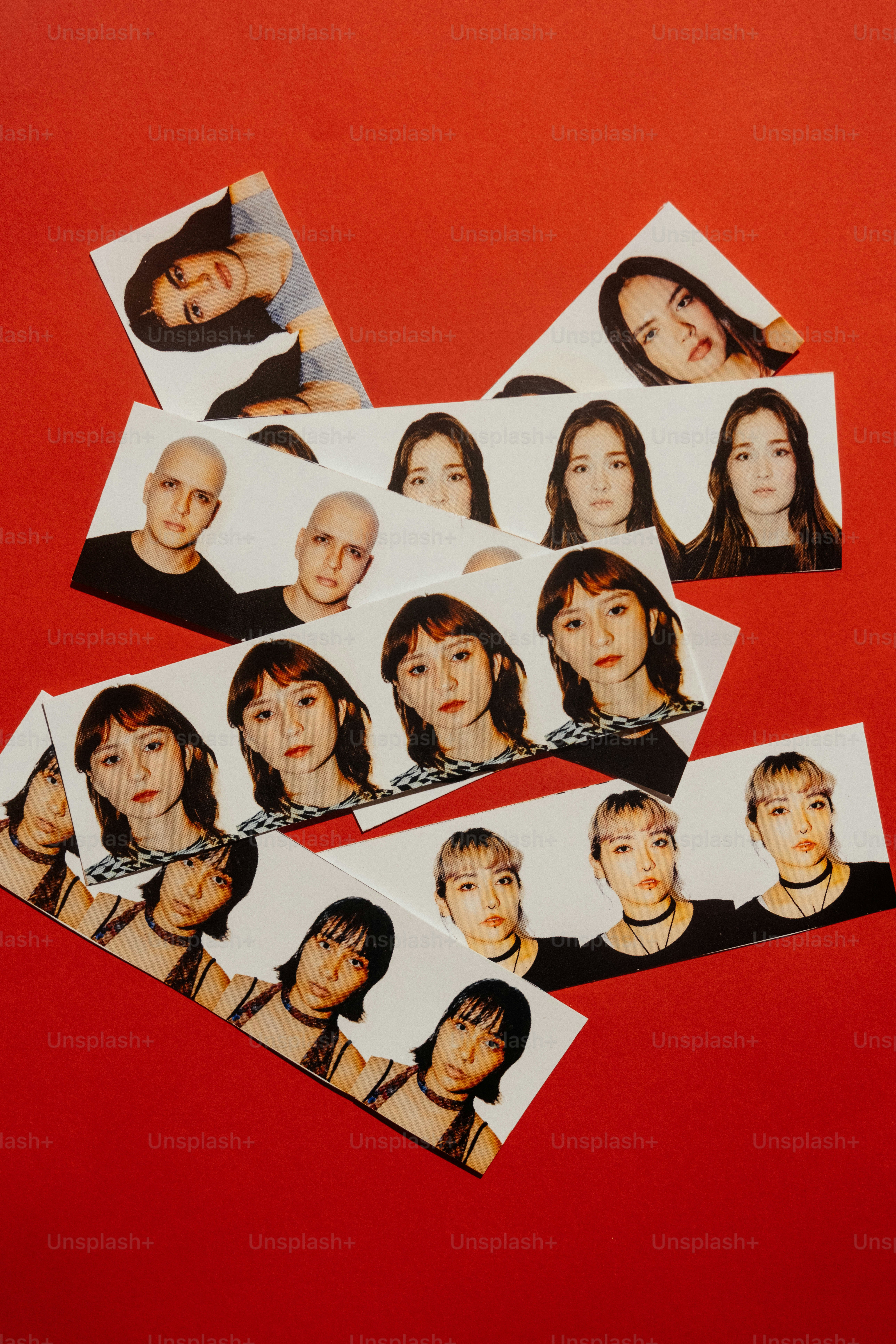 Multiple photo booth strips featuring portraits of various people on a red background.