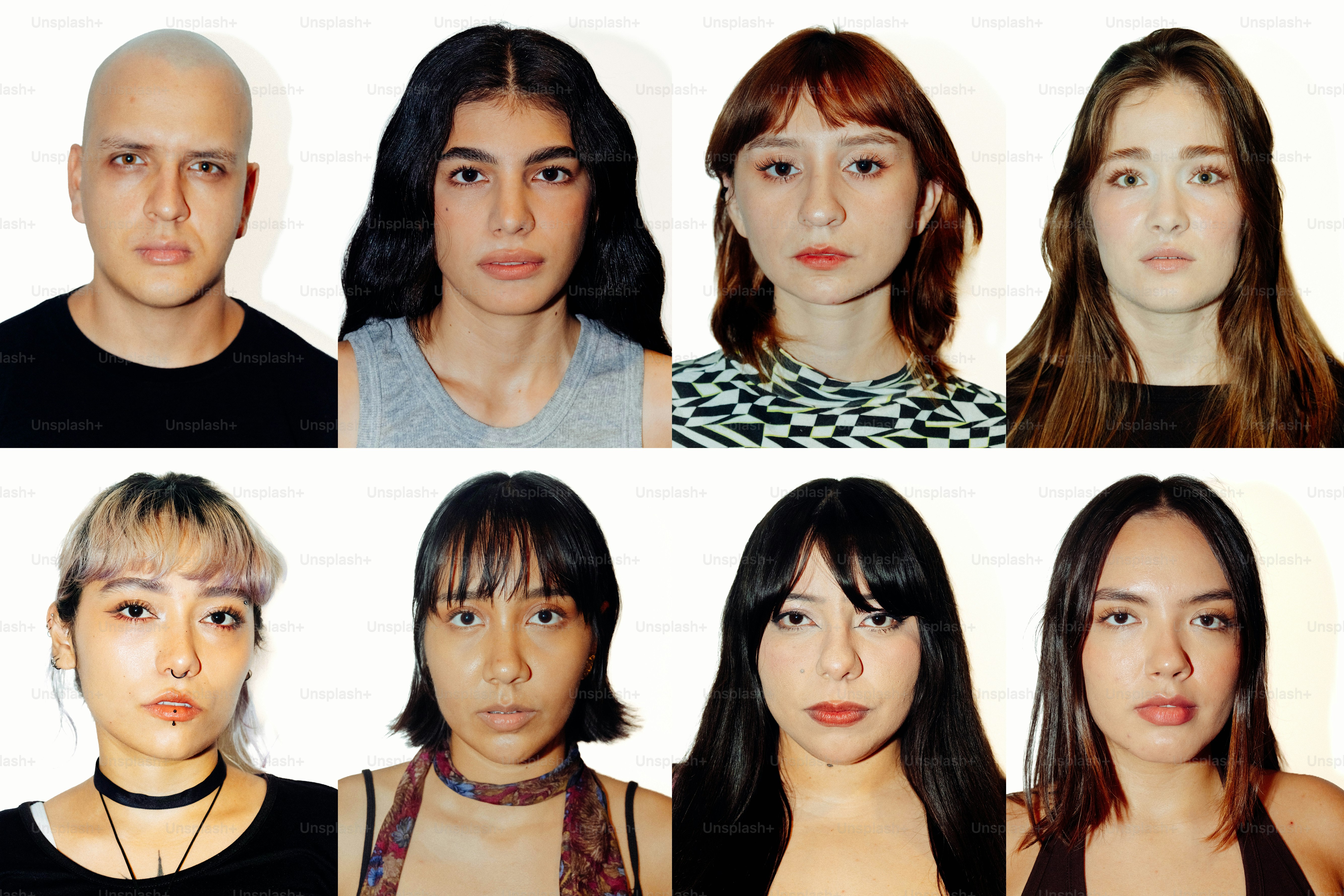 A grid of eight portraits of diverse young adults against a plain white background