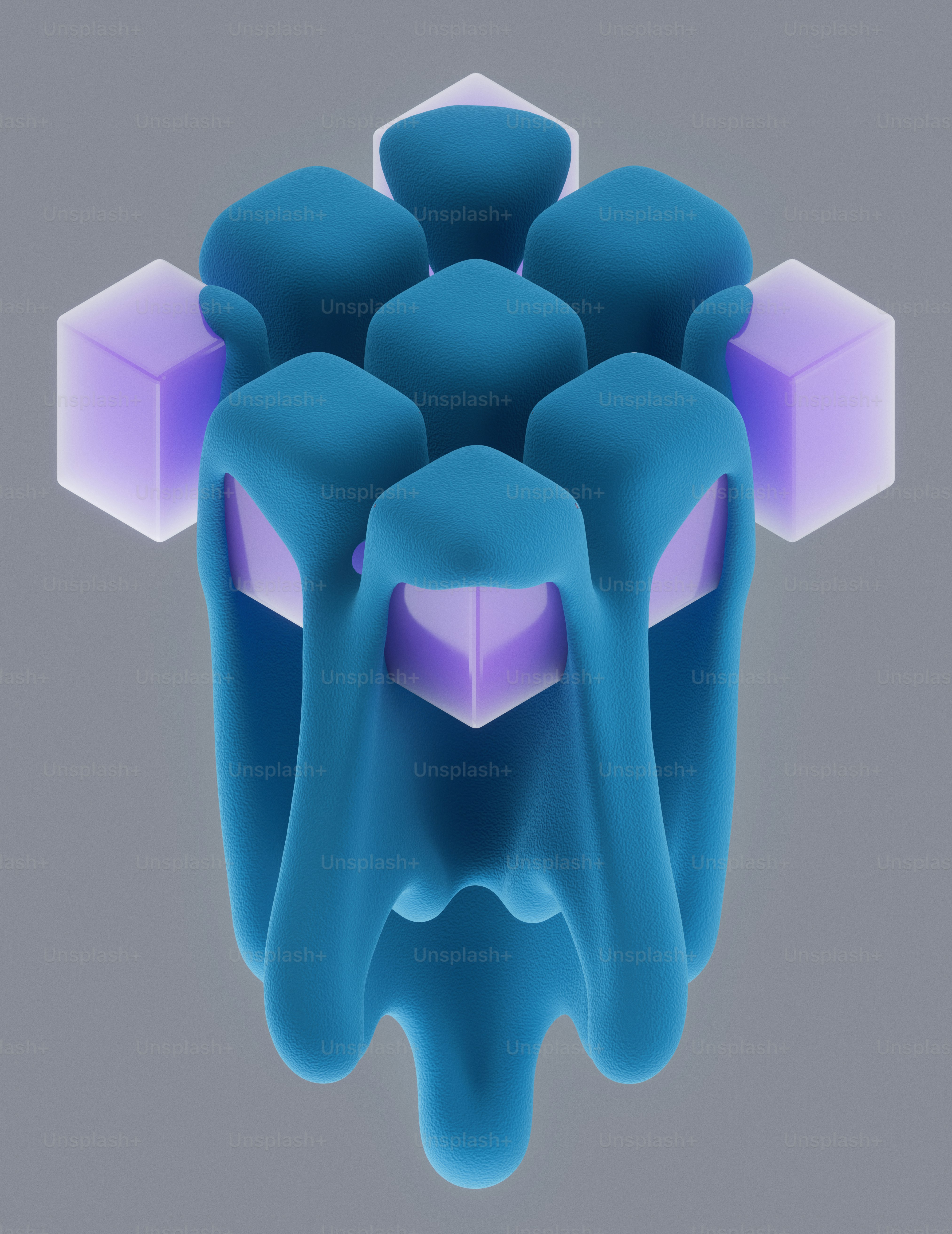 Un liquide bleu dégoulinant sur un groupe de cubes violets translucides.