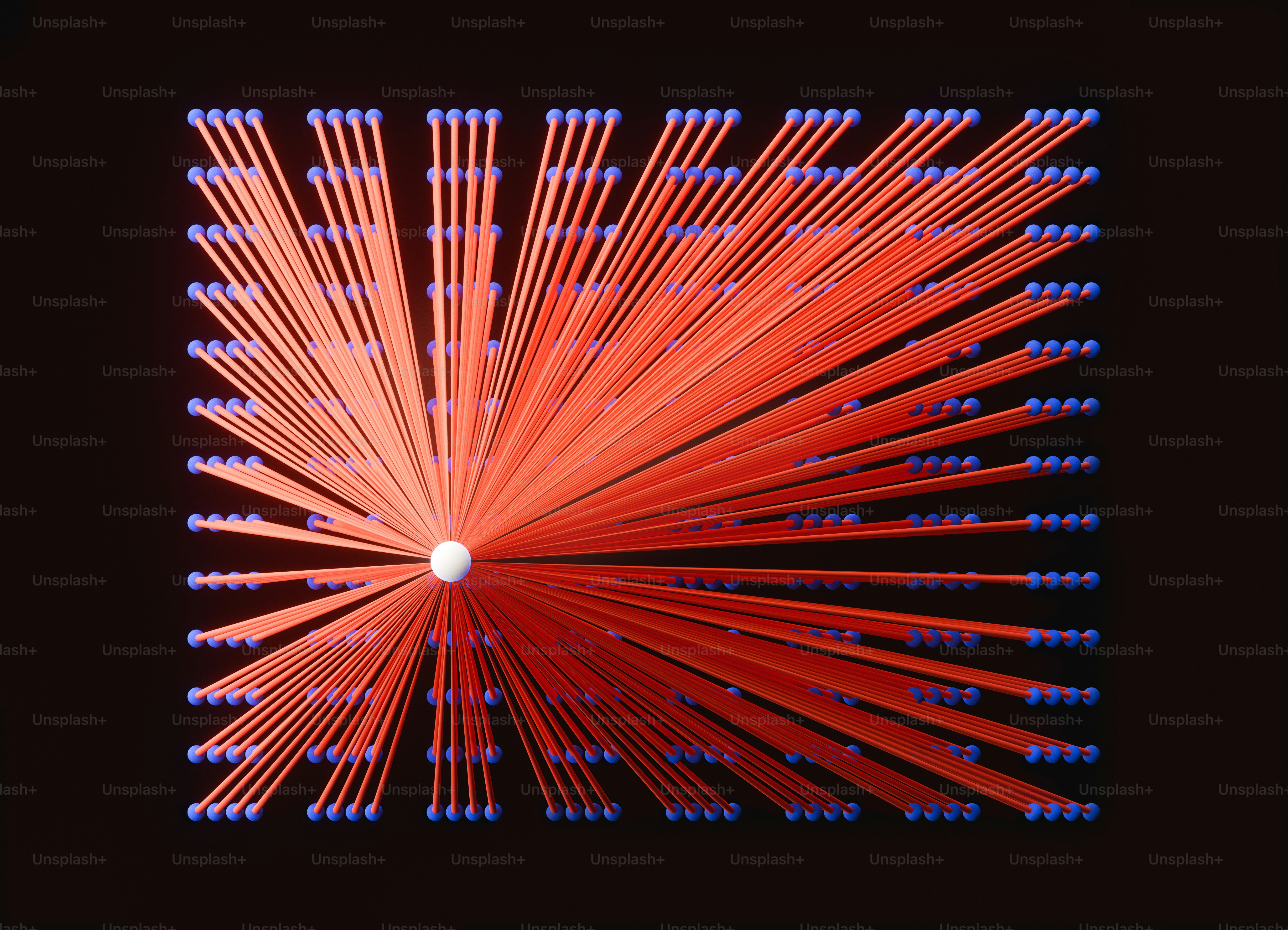 Une sphère blanche reliée par des lignes rouges à une grille de sphères bleues.