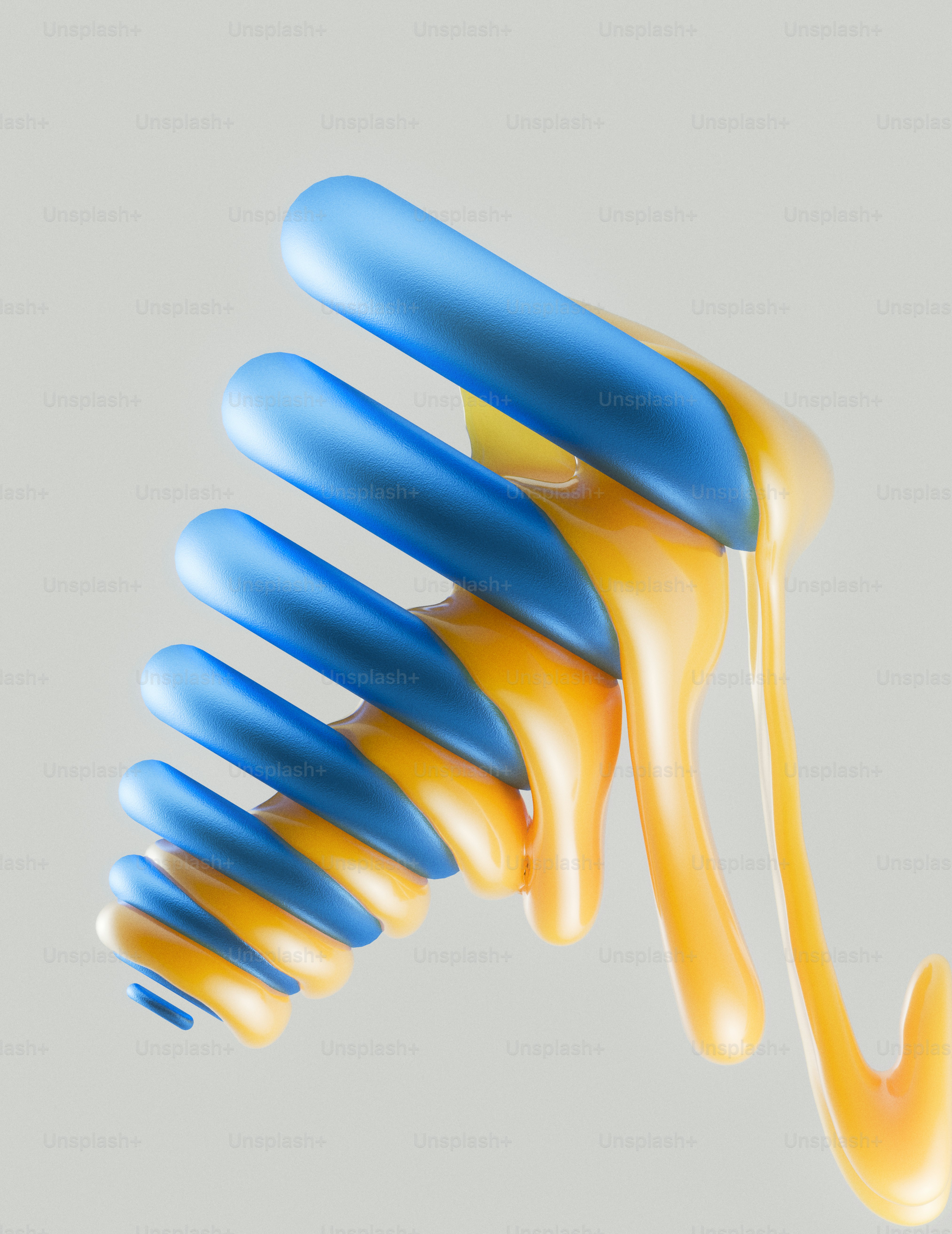 Une forme spirale bleue recouverte d’un liquide jaune épais dégoulinant sur un fond gris.