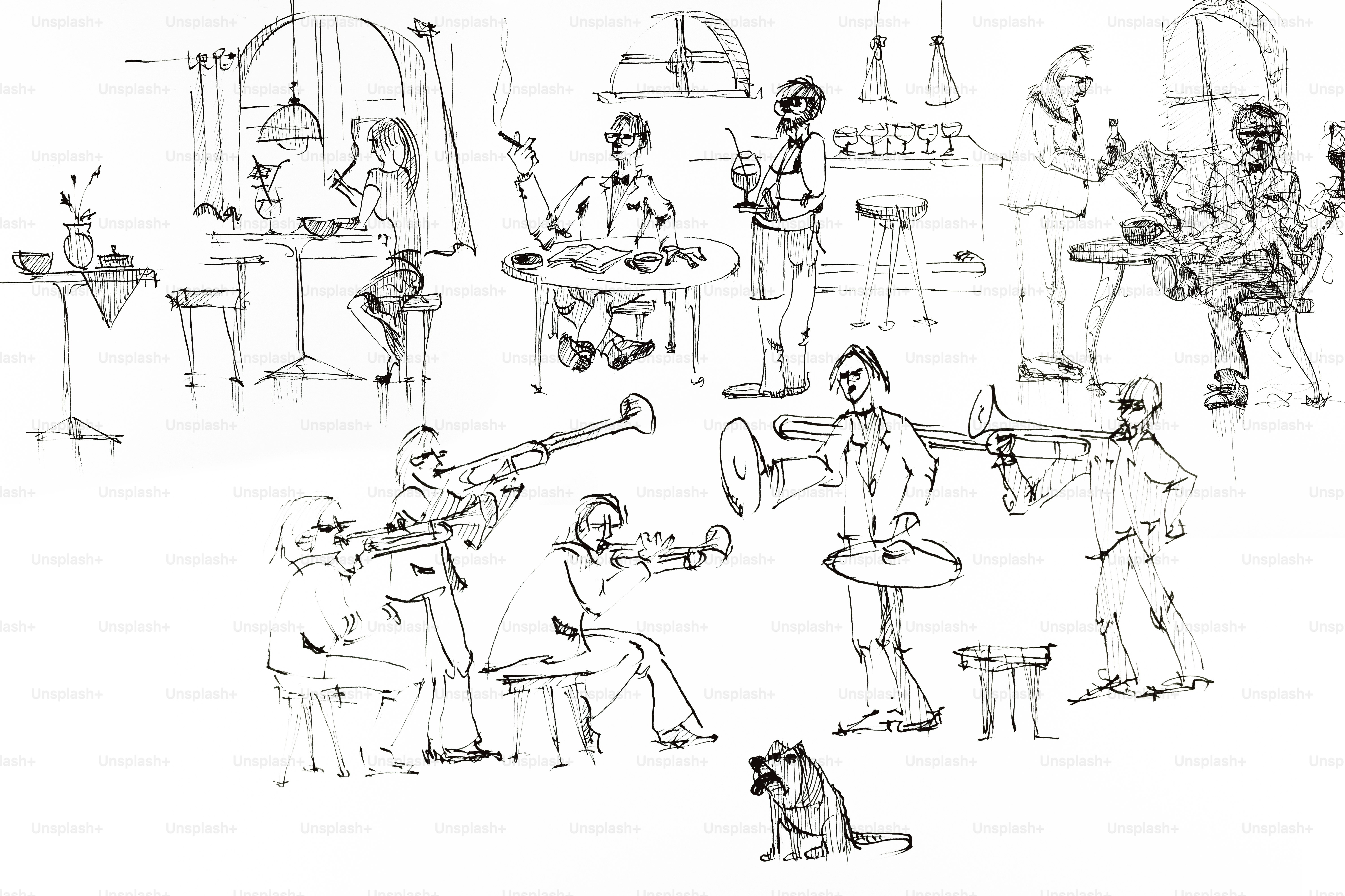 カフェの人々とジャズバンドの演奏を描いた線画