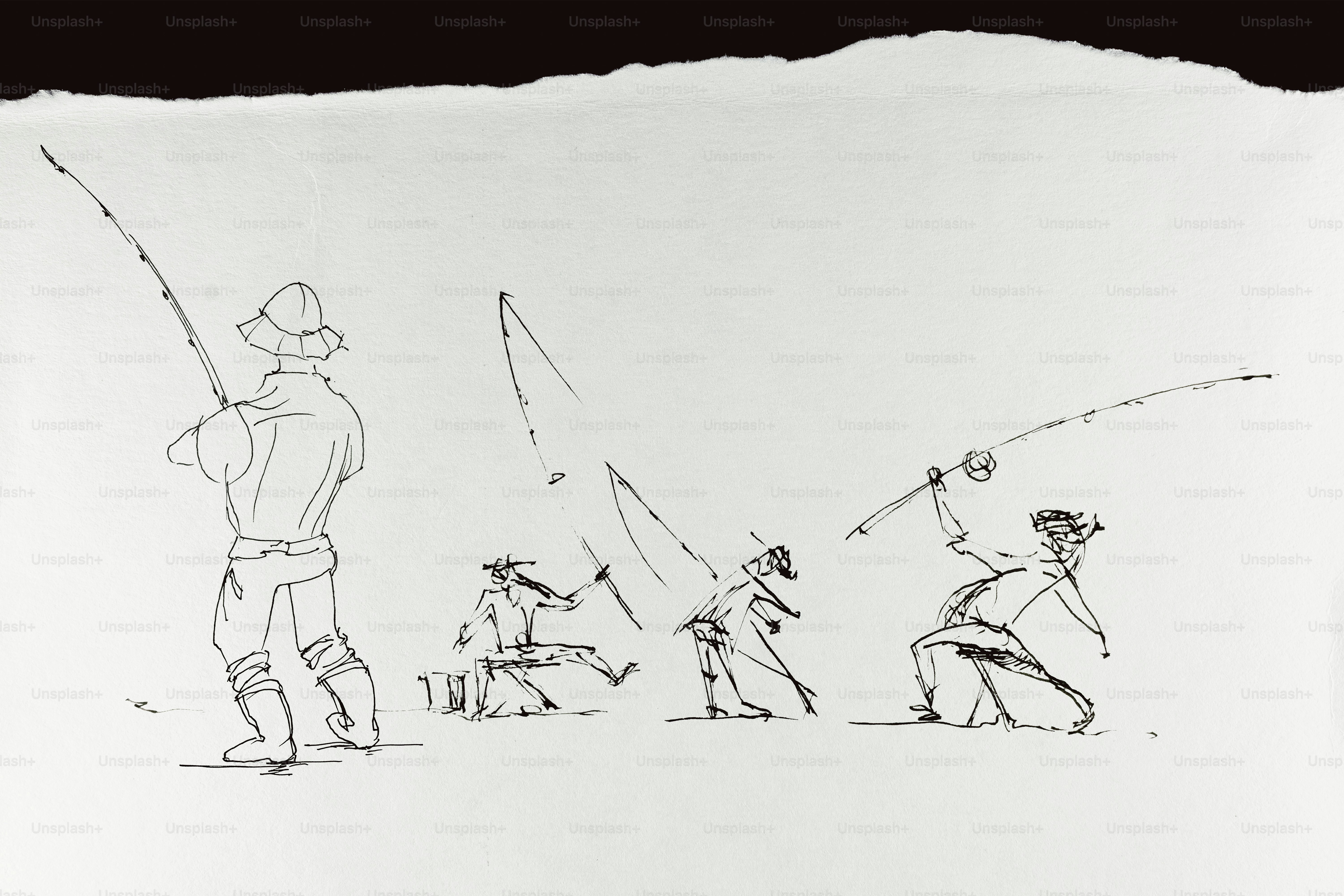 白い背景に釣り竿を使って釣りをしている4人が描かれています