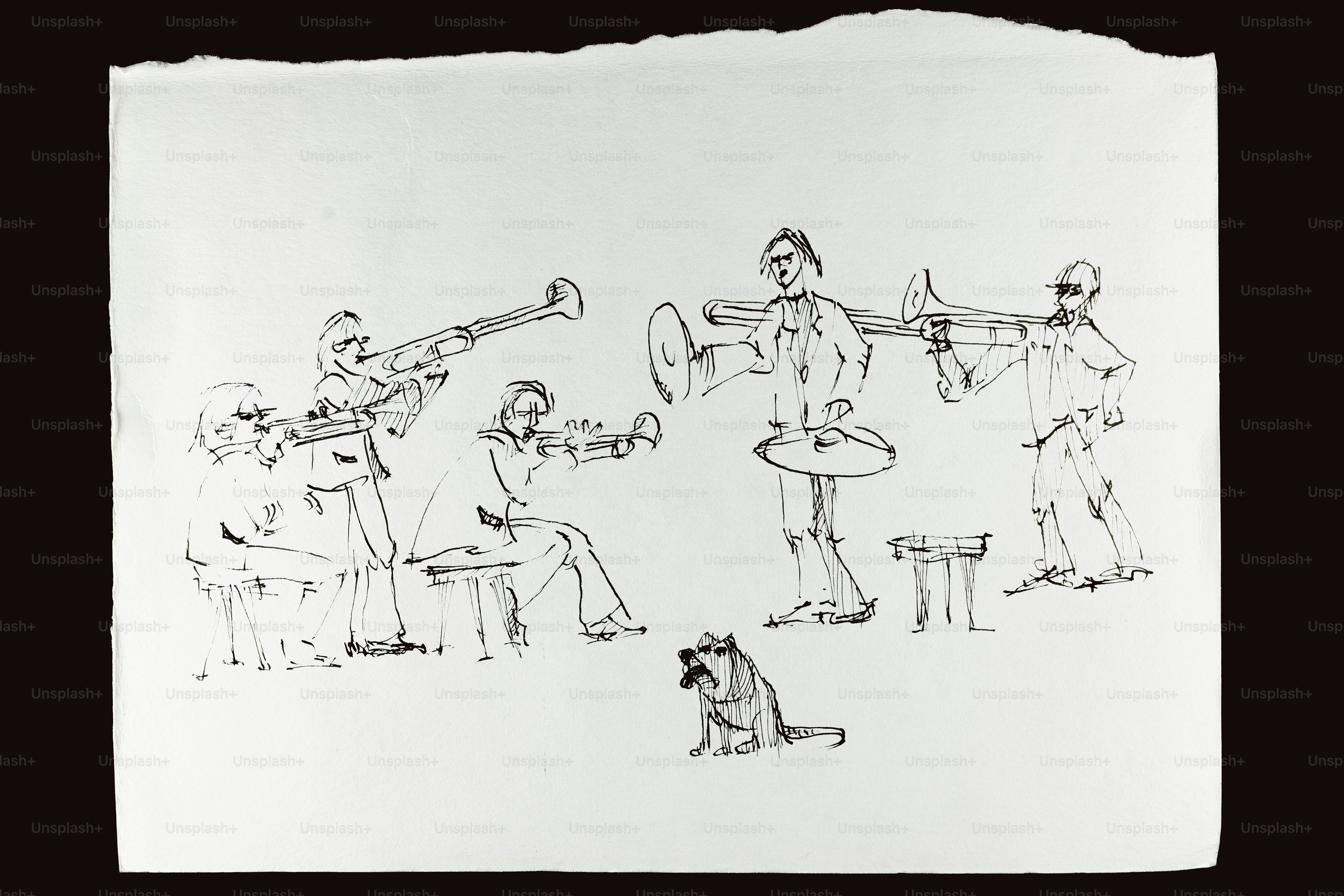 ジャズバンドが楽器を演奏し、犬が近くにいる線画