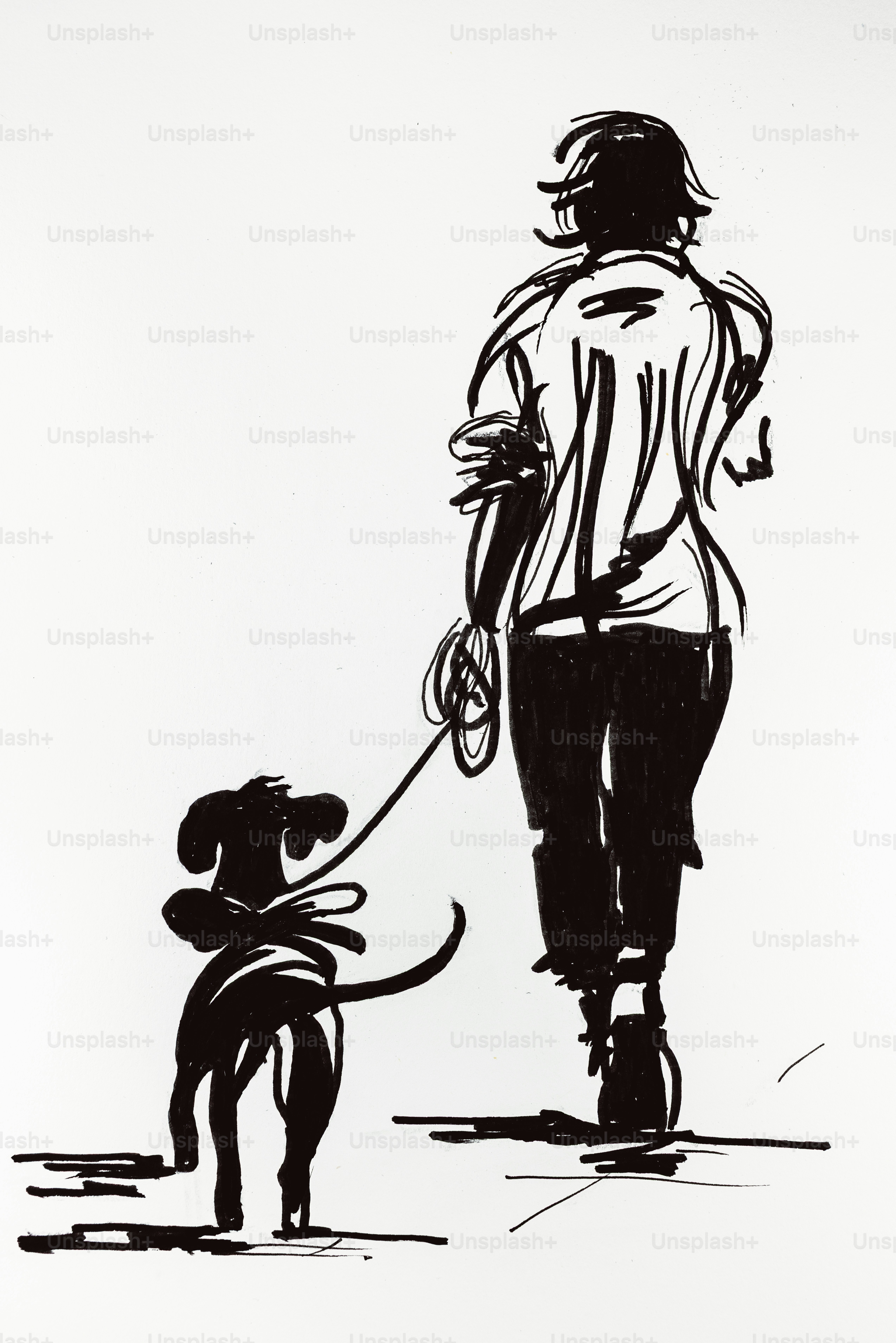 リードをつけた犬を散歩させる人物が黒いインク線で描かれています