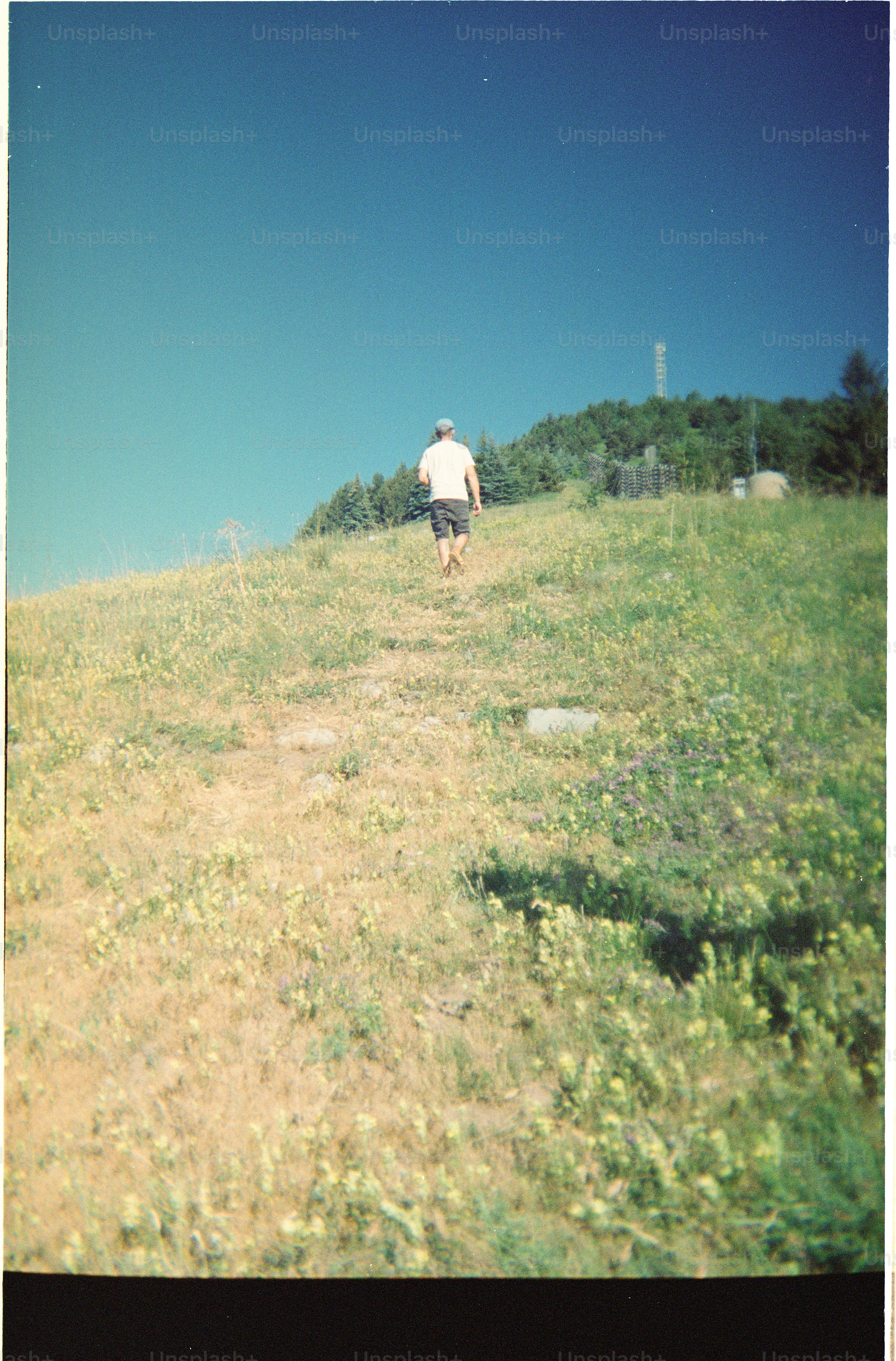 A person in a white t-shirt walking up a grassy hill under blue sky.