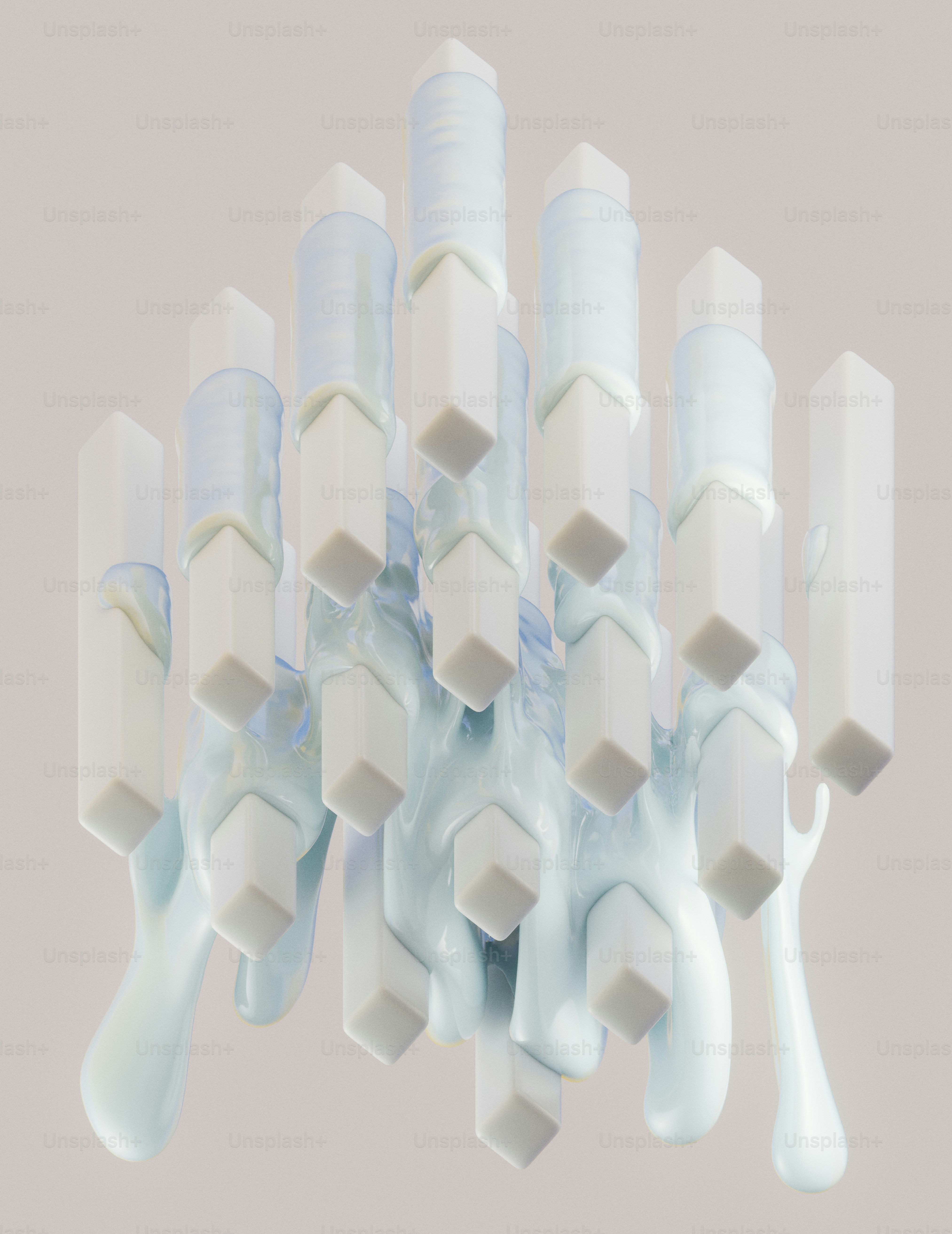 Des barres rectangulaires blanches verticales recouvertes d’un liquide bleu clair dégoulinant sur un fond neutre.