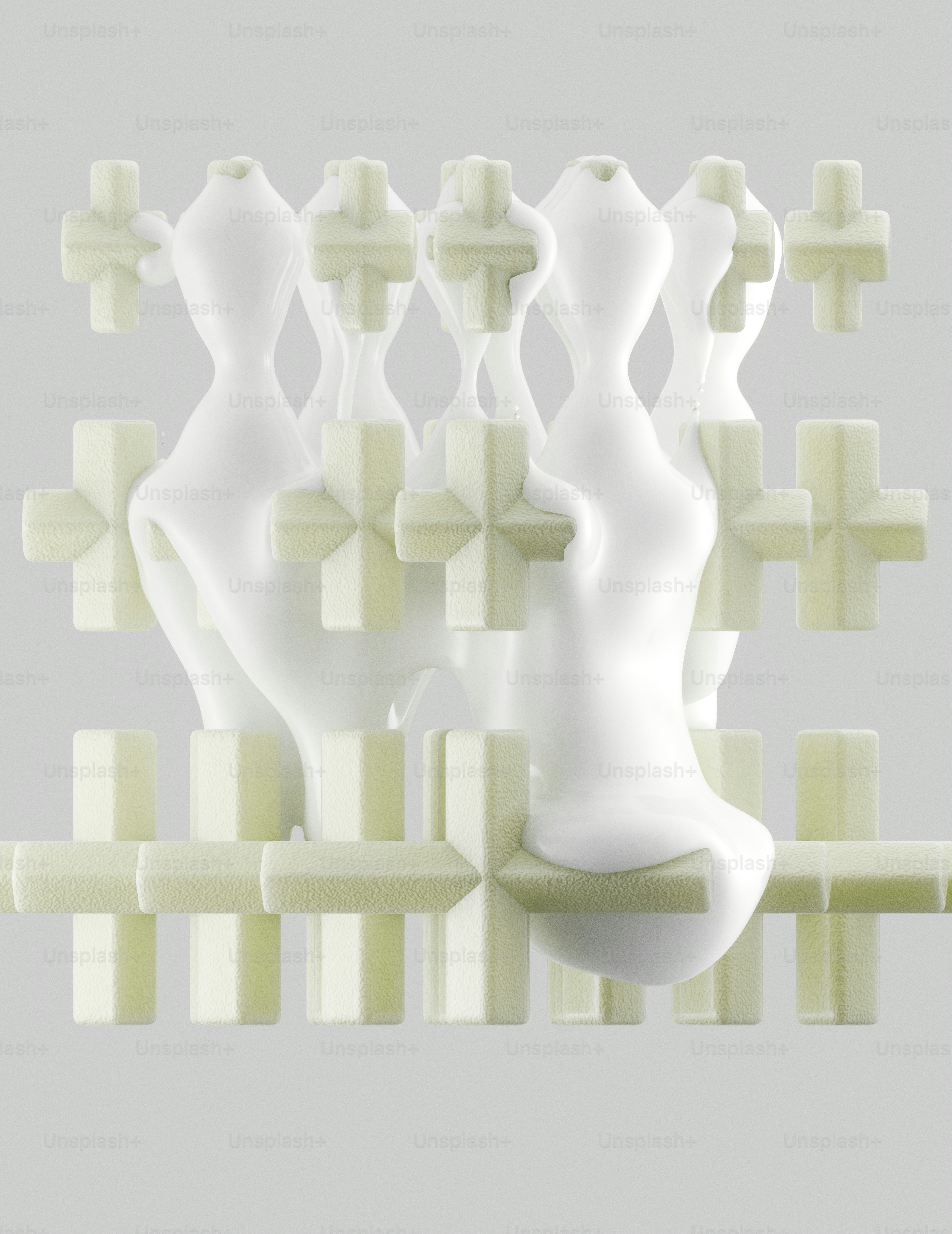 Un liquide blanc s’écoulant à travers une grille de croix à texture vert pâle.